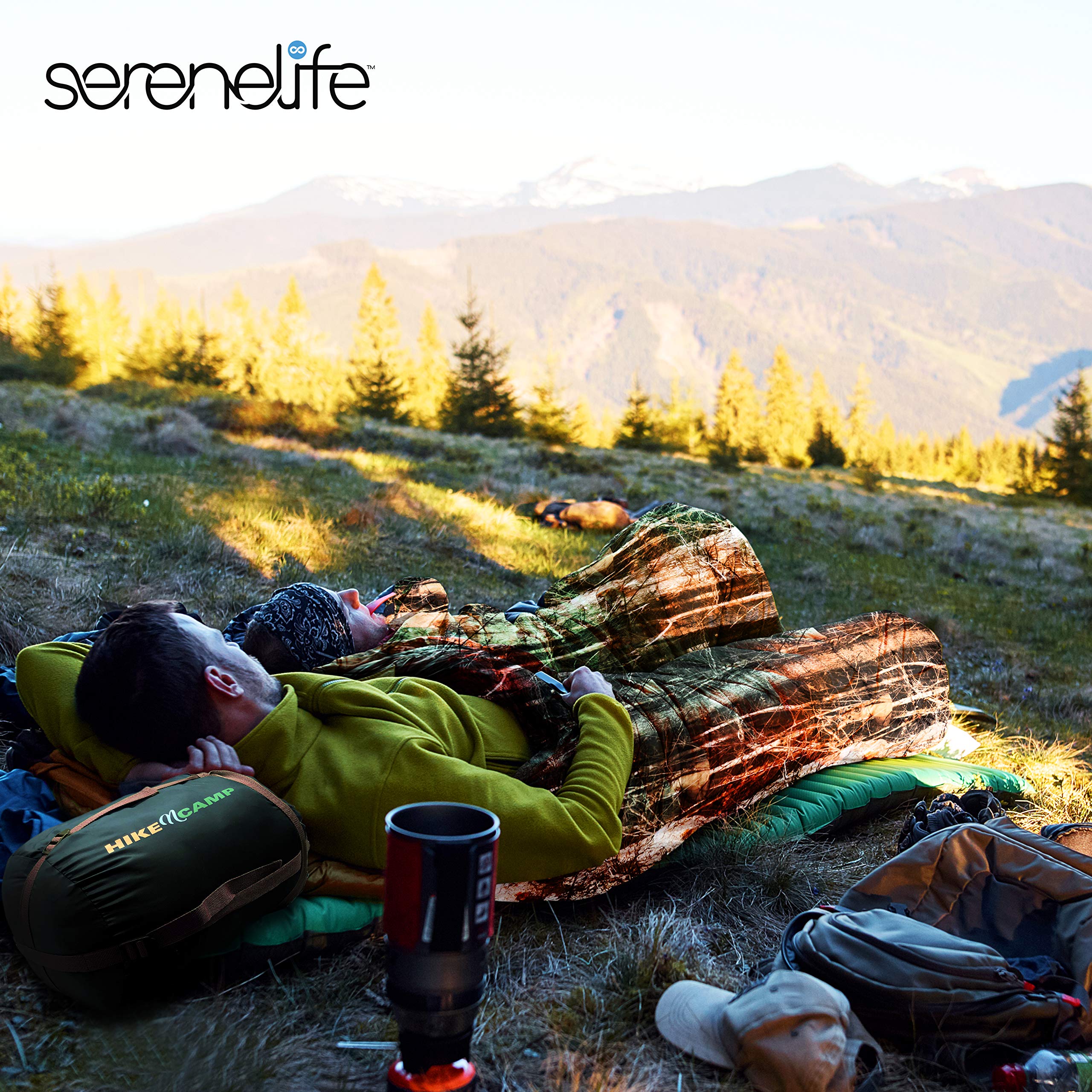 SereneLife Double Sleeping Bag with Pillows - Waterproof, Detachable into 2 Single Bags - Lightweight & Warm for Camping, Hiking, Backpacking - Cold Weather Rated 5-10°F - Perfect for Couples Getaways, Family Camping Trips & Winter Outdoor Adventures