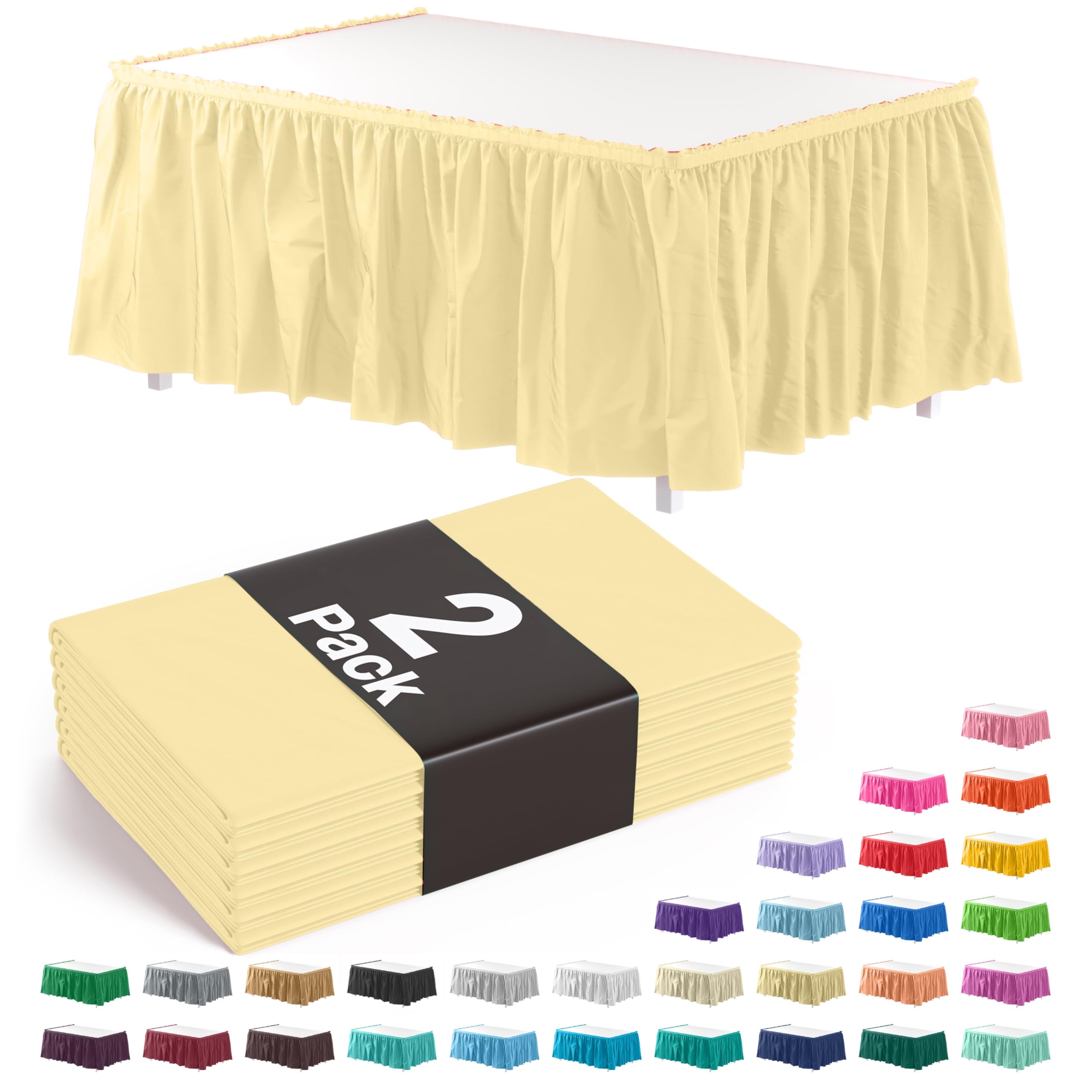 Exquisite 2-Pack 14ft Ruffle Table Skirt - Light Yellow Tablecloth with Adhesive Strip for Rectangle & Round Tables | Perfect for Gender Reveal Parties, Birthday Decorations & Wedding Receptions
