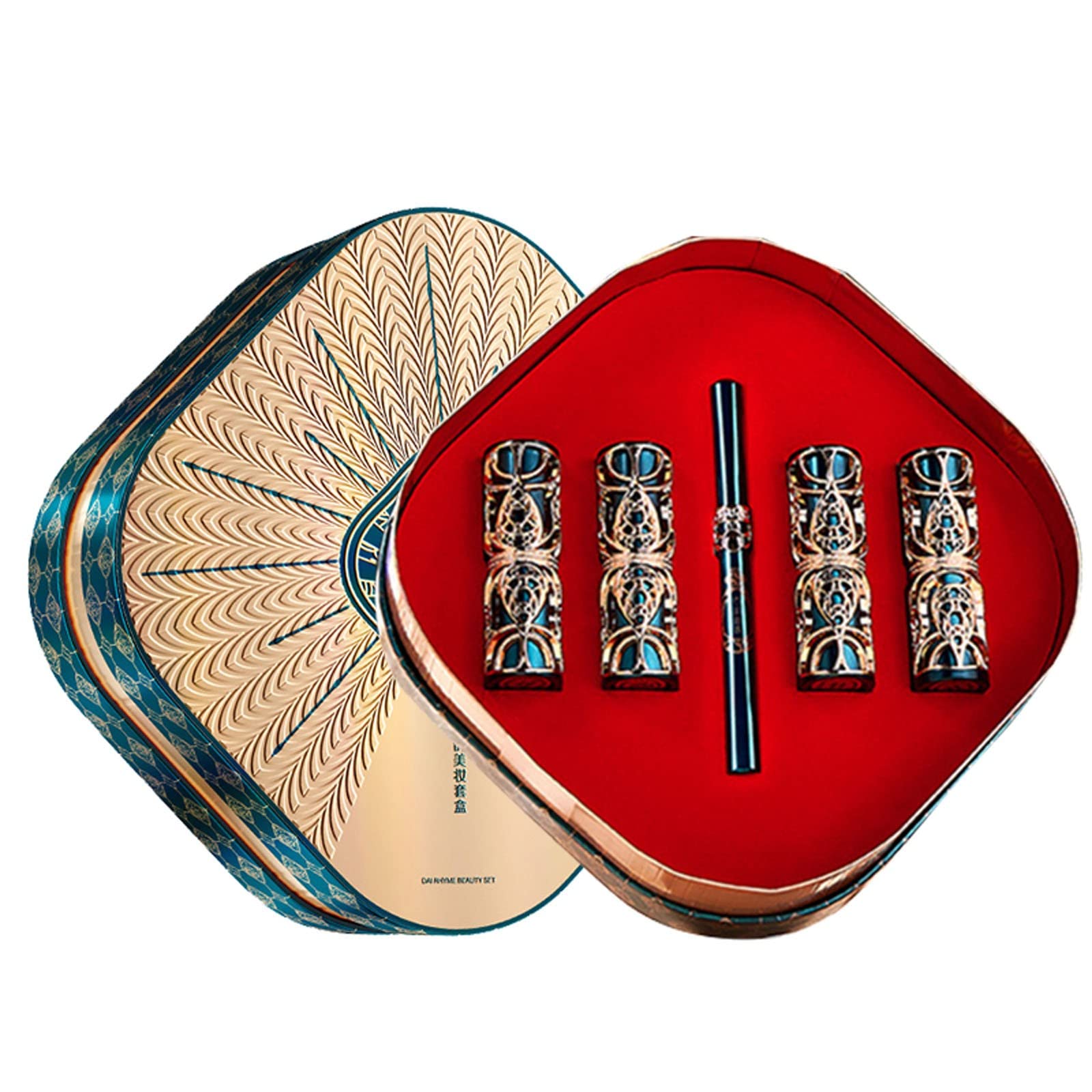 Oriental Ethnic Style Beauty Set - 4 Lipsticks & 1 Eyeliner (3ML) | Perfect Gift for Women | Makeup Palettes for Party, Wedding & Special Occasions