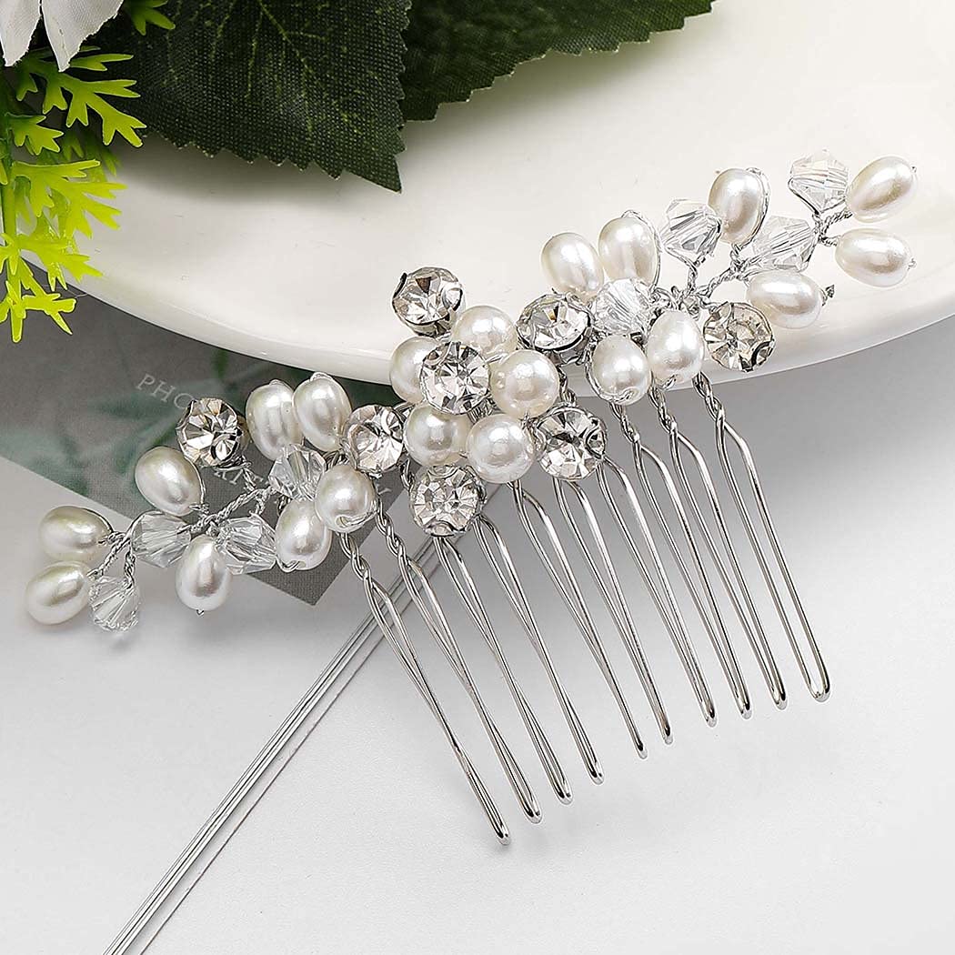 Brishow Crystal Bridal Hair Comb - Pearl Wedding Hair Accessories for Women & Girls (Silver) - Perfect for Brides & Special Occasions
