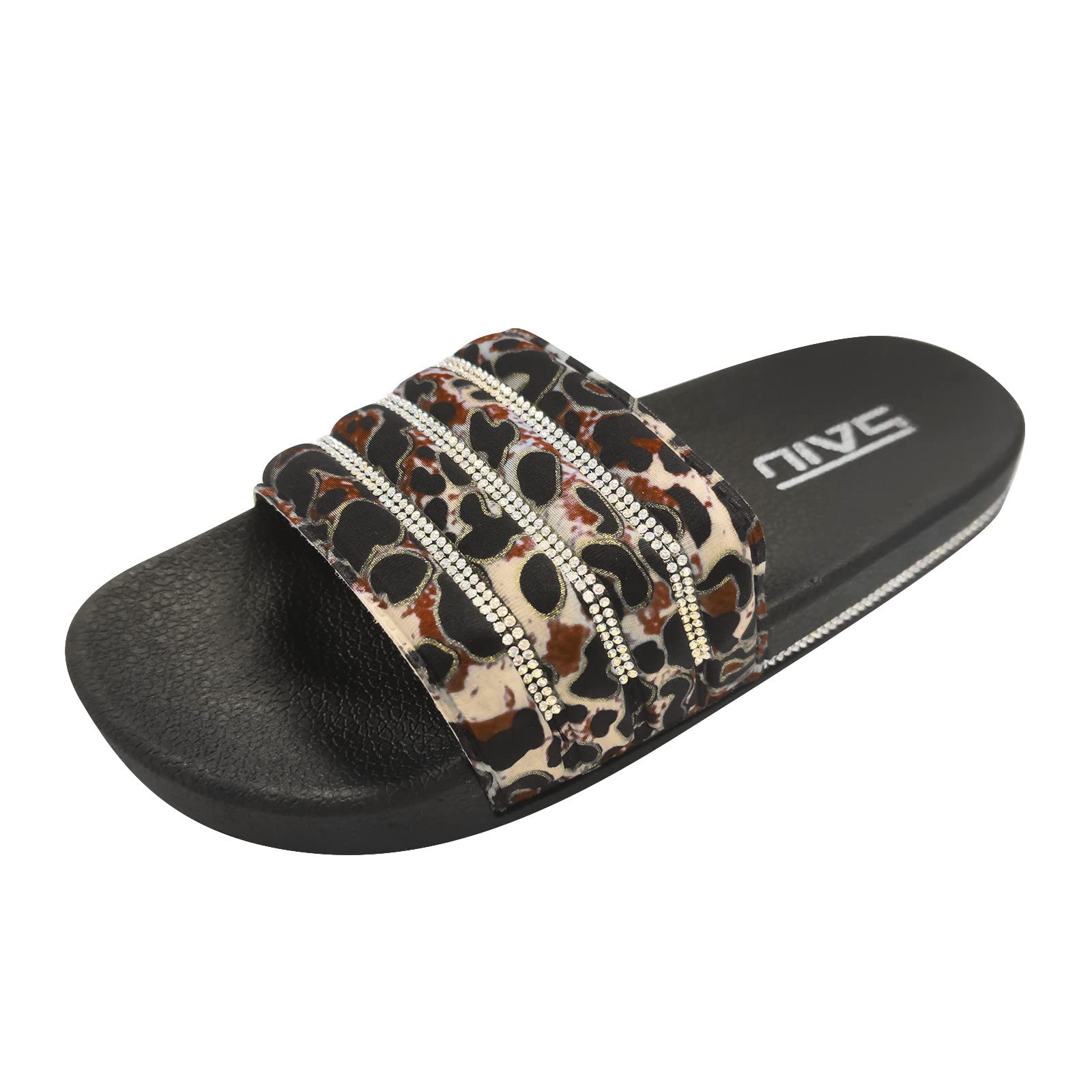RUIY Women's Non-Slip Slippers - Leopard Print Rhinestone Sandals with Thick Sole for Home, Spa, and Indoor Comfort