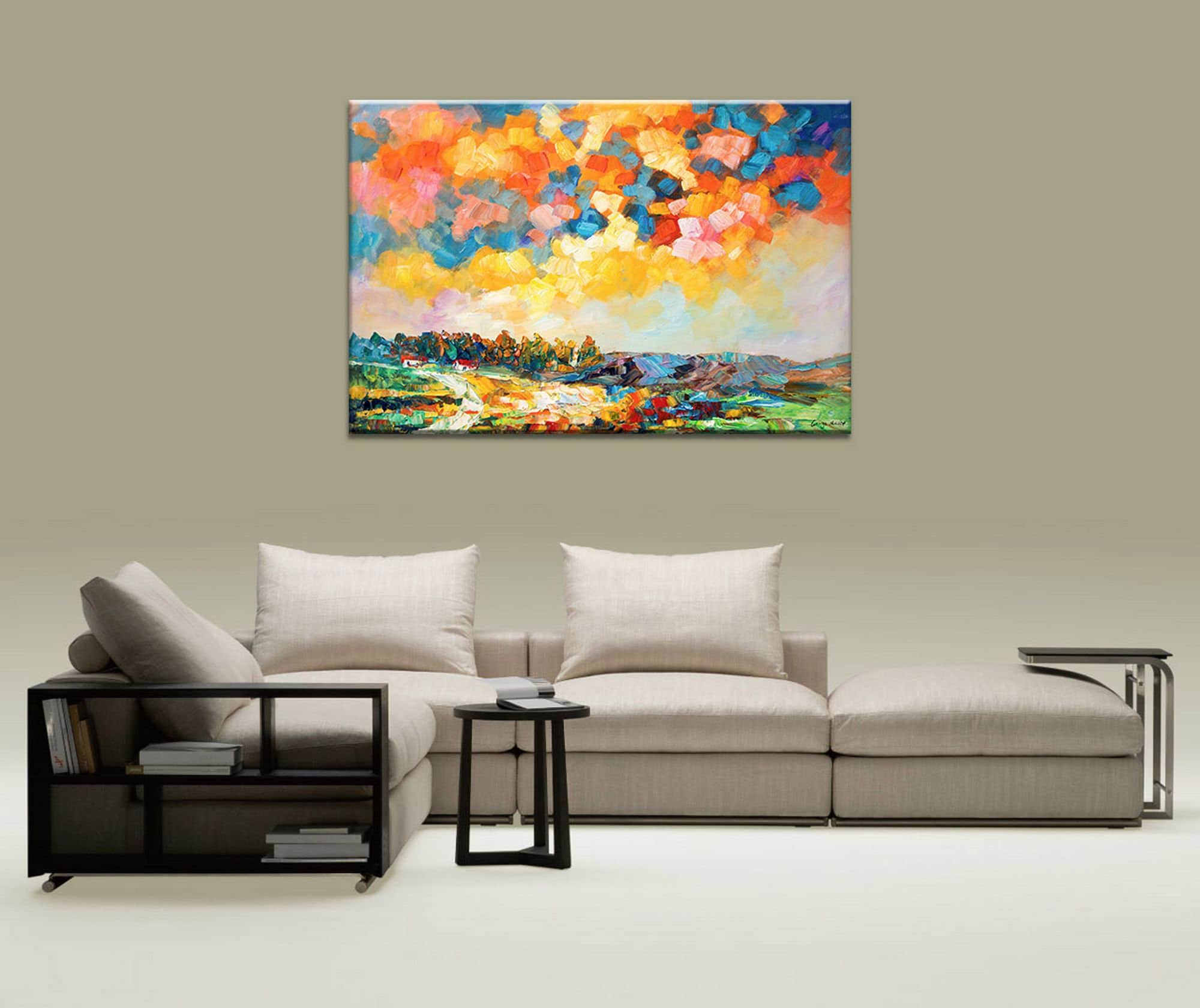 Large Canvas Painting - Original Landscape Artwork, Abstract Autumn Fields Sunset Wall Decor for Kitchen & Living Room | Perfect for Home & Office Interior Design