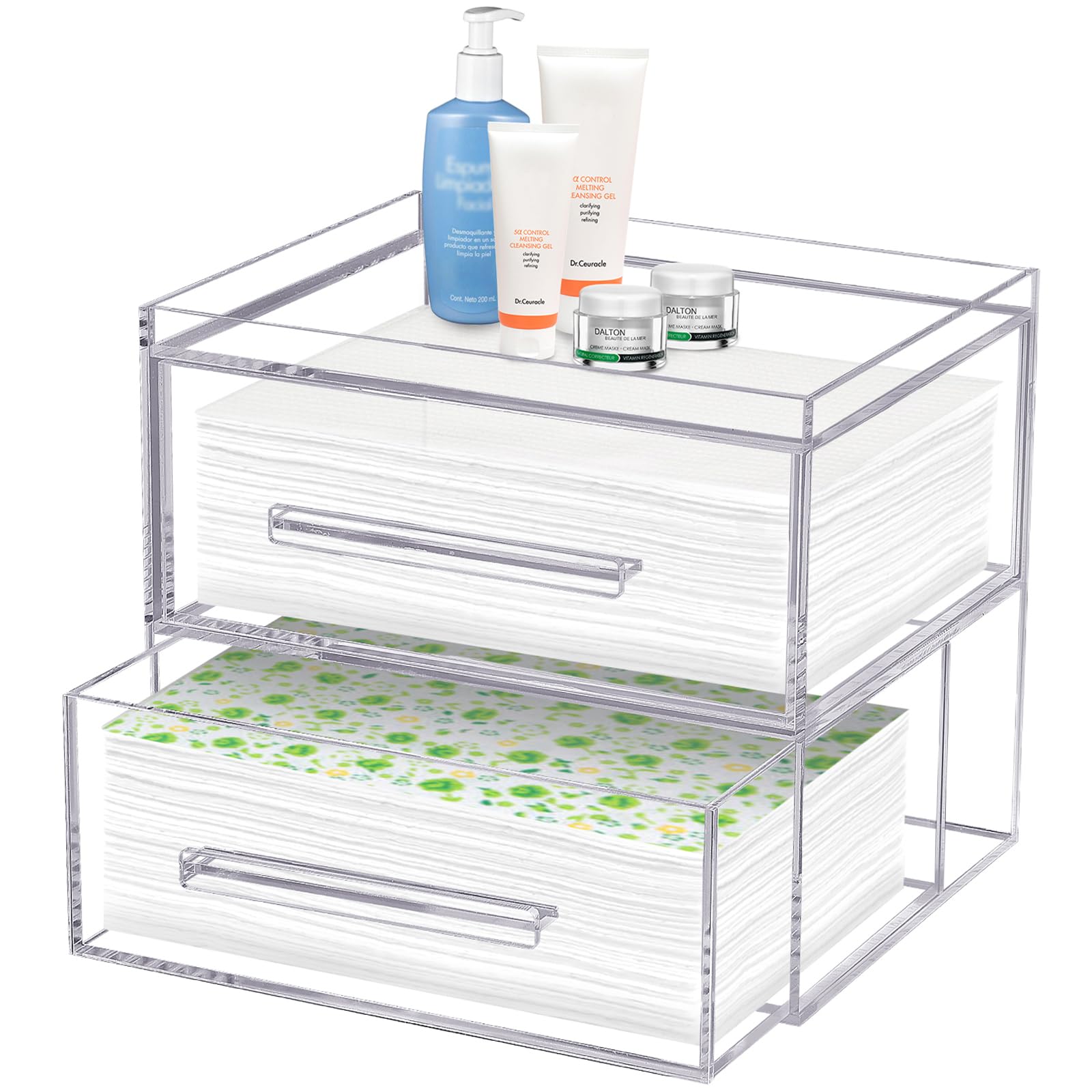 Acrylic Disposable Face Towel Storage Box with 2 Drawers - Clear Makeup Organizer & Skin Care Towel Holder - Wall Mountable for Bathroom, Salon, Spa (Face Towels Not Included) - Perfect for Clean Skin Club & Beauty Routine Organization