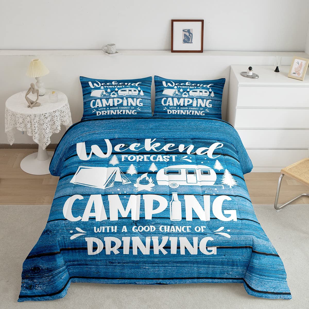 Happy Camping Camper Comforter Set Twin - Blue Adventure Themed Bedding for Kids, Teens & Adults | Rustic Wooden Door Design 2-Piece Quilt Set with Pillowcase | Perfect for Summer Camping, Dorm Rooms & Cozy Cabin Decor