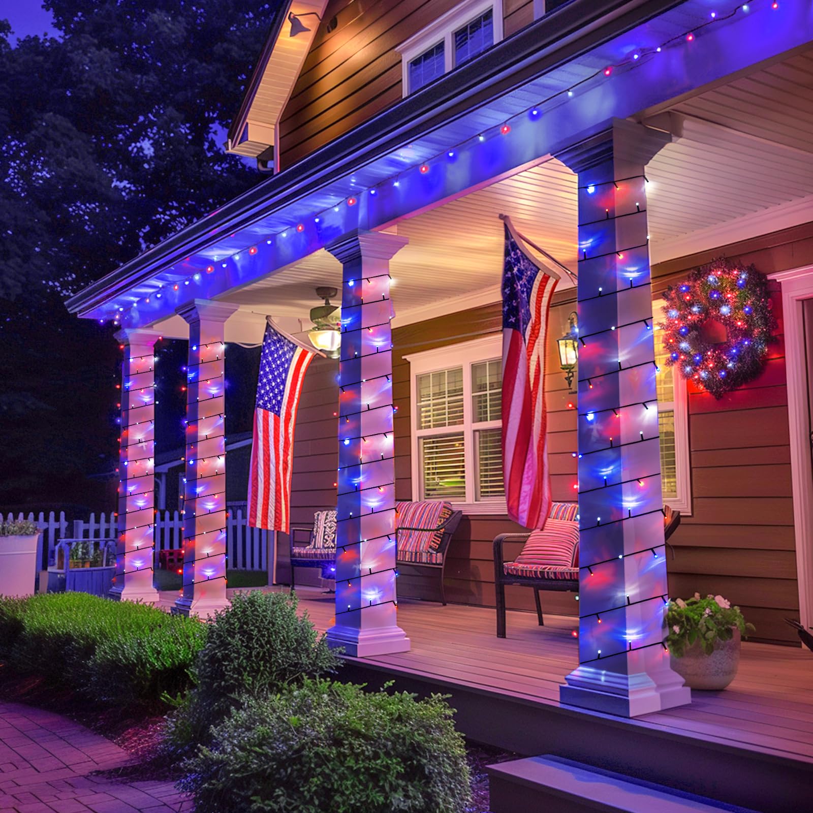 JMEXSUSS 2 Pack 100 LED Red White Blue Solar String Lights - 33ft Waterproof Patriotic Lights with 8 Modes for 4th of July, Independence Day, Garden, Tree, Yard, Patio - Perfect for Outdoor Decorations & Party Lighting