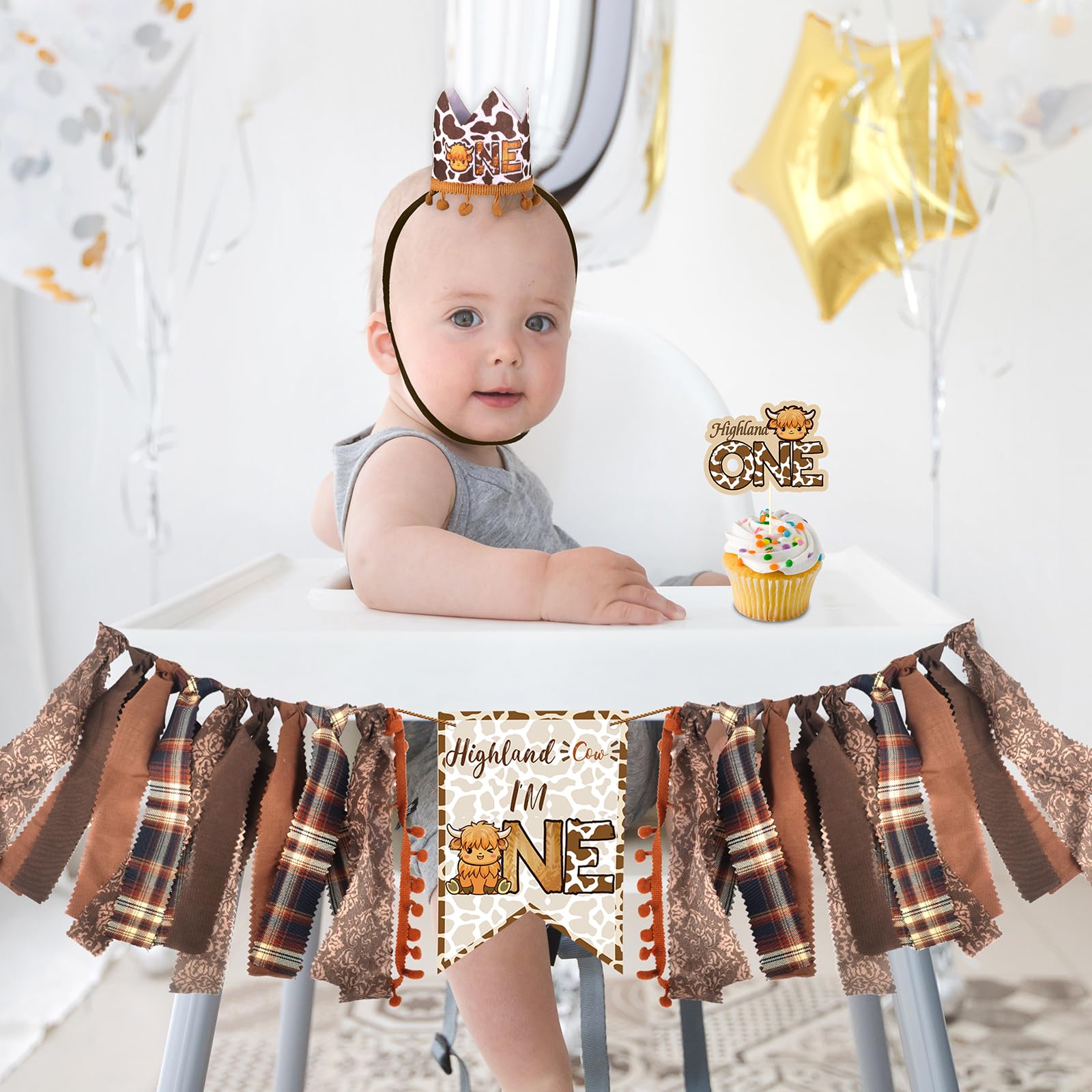 3 Pcs Highland Cow Birthday Decorations Set - High Chair Banner, Cowboy Hat Cake Topper & First Rodeo Banner for Western Themed 1st Birthday Party Supplies | Perfect for Baby Boy/Girl Cowboy Party Decor