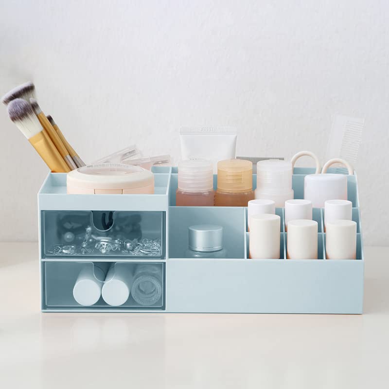XUDREZ Makeup Organizer with 2 Drawers - Bathroom & Vanity Cosmetic Storage for Lipstick, Eyeshadow, Brushes, Nail Polish & Jewelry | Countertop Organizer for Cosmetics, Lotions & Beauty Accessories (Blue) - Perfect for Bedroom, Bathroom & Dressing Table Organization