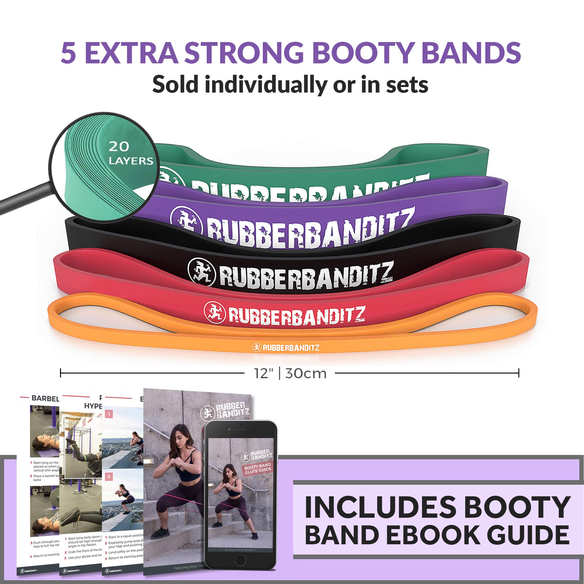Rubberbanditz Extra Thick Booty Bands - Heavy Duty Resistance Bands for Glutes, Legs & Hip Workouts - Includes Women's eGuide - 5 Mini Loop Exercise Bands (5-100 lbs) - Perfect for Home Gym, Pilates, Yoga & Strength Training
