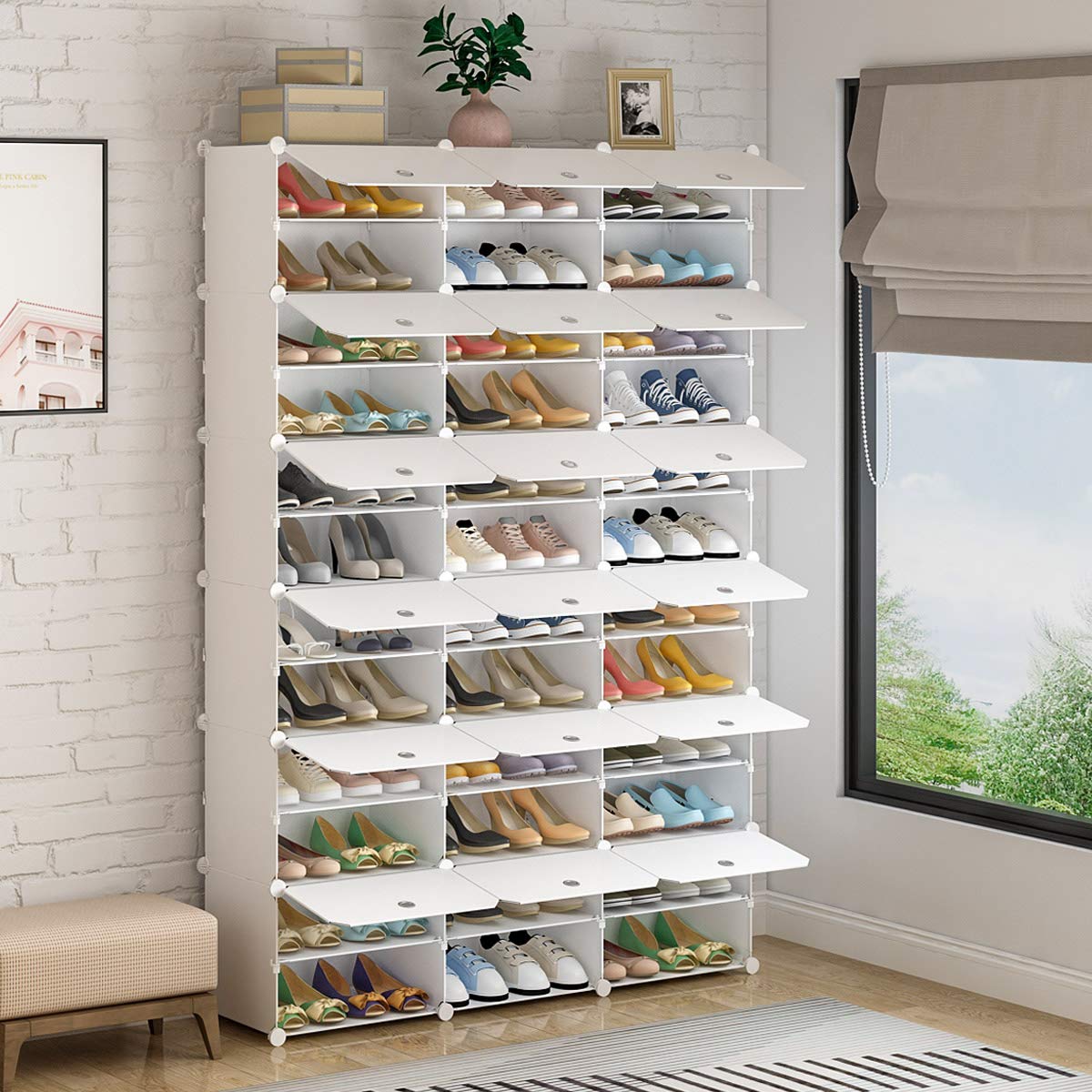 KOUSI 36 Grids Expandable Shoe Rack Organizer - Portable Tower Shelf Storage Cabinet for Heels, Boots, Slippers - White - Perfect for Closet, Entryway, Dorm Room Organization