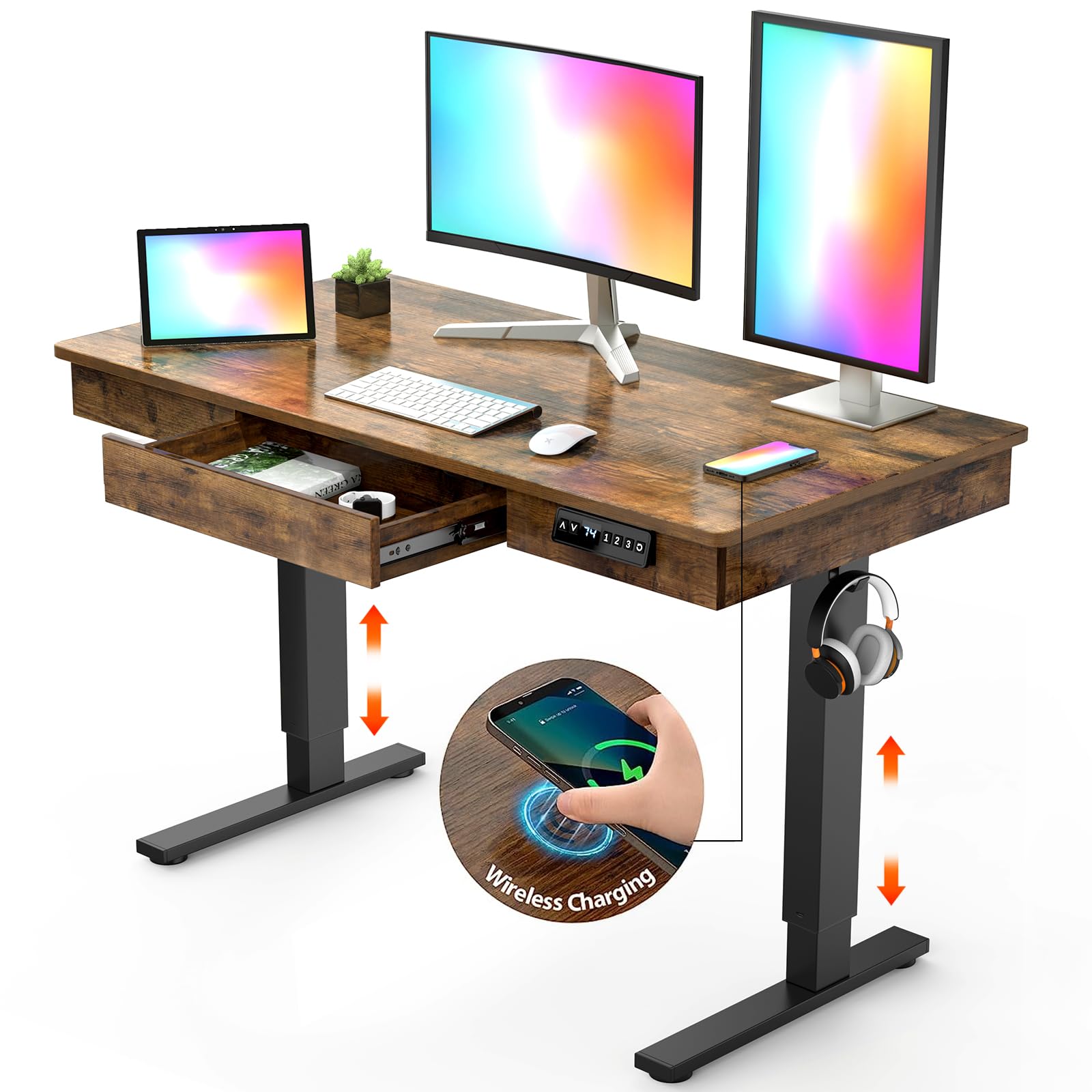 48 x 24 Inches Electric Standing Desk with Drawer & 12W Wireless Charging - Adjustable Height One-Piece Wooden Desktop for Home Office (Sit to Stand Workstation, Perfect for Remote Work & Small Spaces)