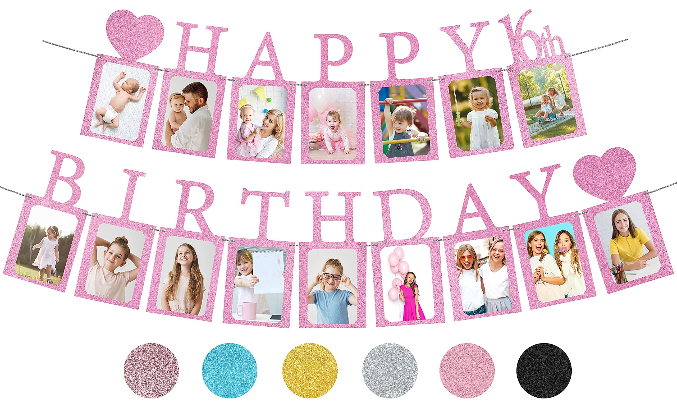 Sweet 16 Birthday Party Decorations - Purple Pre-Assembled Photo Banner with 16 Card Frames | Happy 16th Birthday Decor for Girls | Perfect for Sweet Sixteen Parties, Photo Booths & Milestone Celebrations