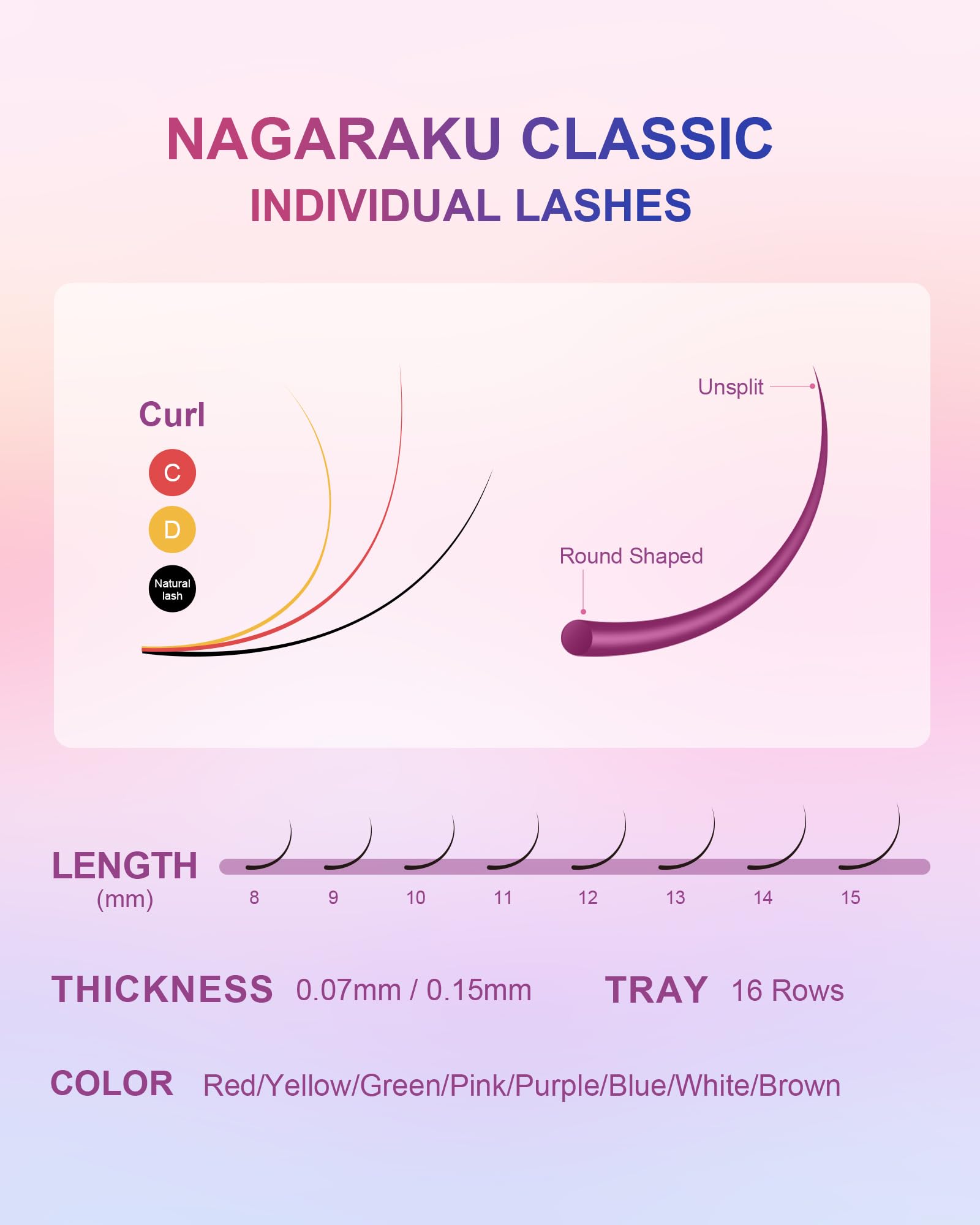 NAGARAKU 8 Colors Rainbow Eyelash Extensions - 0.07mm C Curl 9mm Purple Blue Pink Brown Individual Lashes | Soft Natural Look | Professional Salon Supplies for Bridal, Party & Special Occasion Makeup