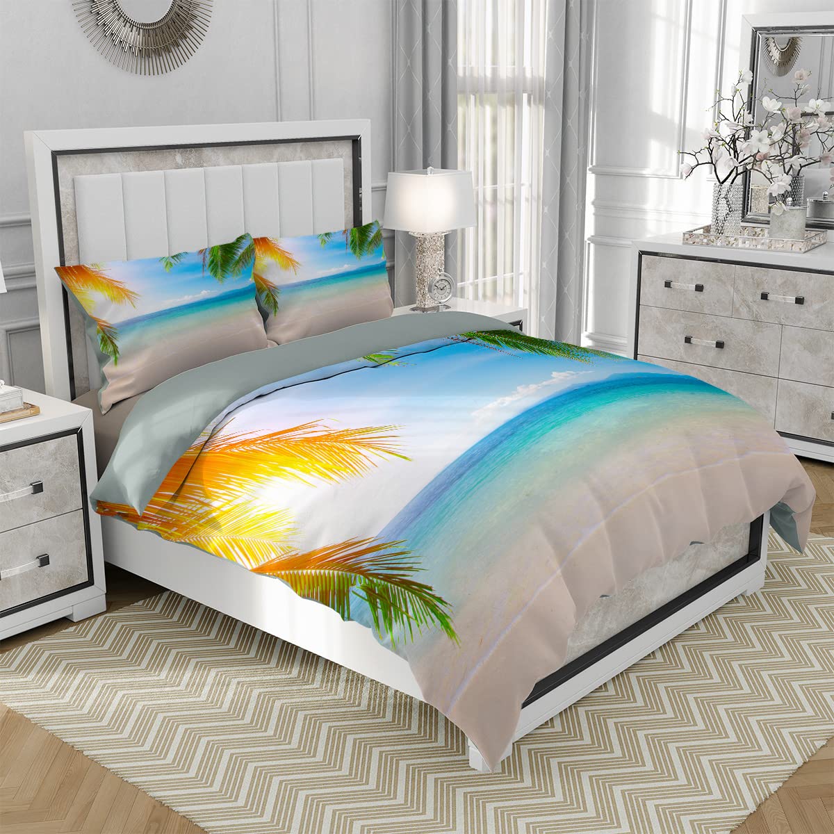 Tropical Beach Sand Duvet Cover Set Twin Size - Ocean Waves & Palm Tree Design, Soft Microfiber 3-Piece Bedding Set with Comforter Cover & 2 Pillowcases for Kids, Boys & Teens Room Decor | Perfect for Coastal Themed Bedrooms, Summer Vacation Homes & Beach House Retreats