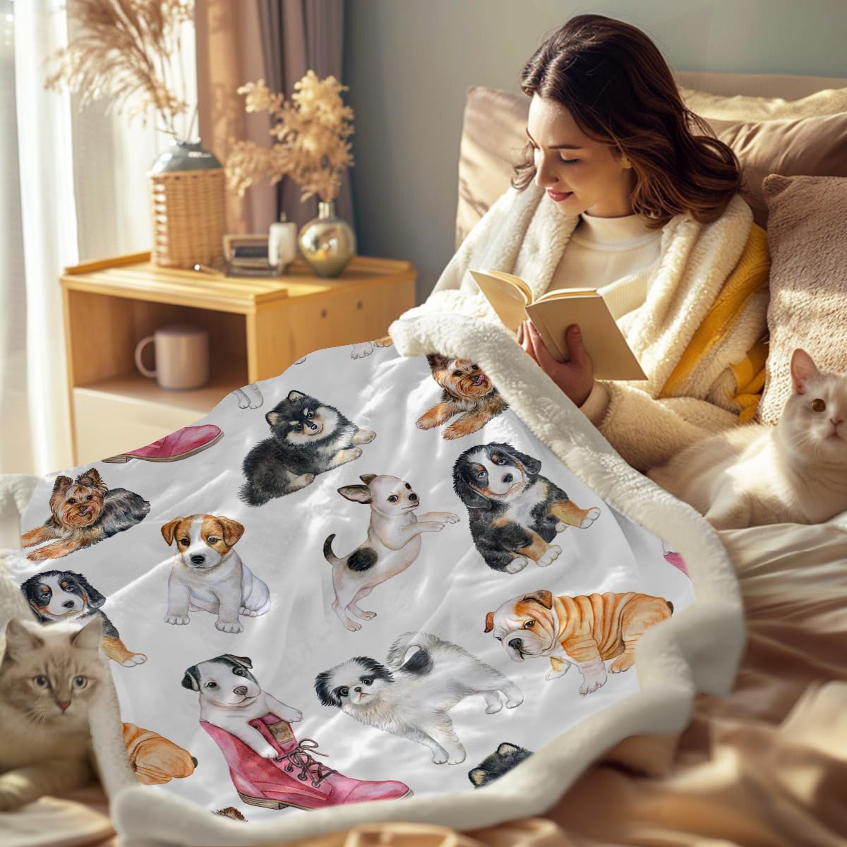 Sleepwish Adorable Dogs Sherpa Fleece Blanket - Soft Reversible Pet Throw Blanket for Couch, Sofa & Bed - Lightweight Warm Cozy Fluffy Blanket (60