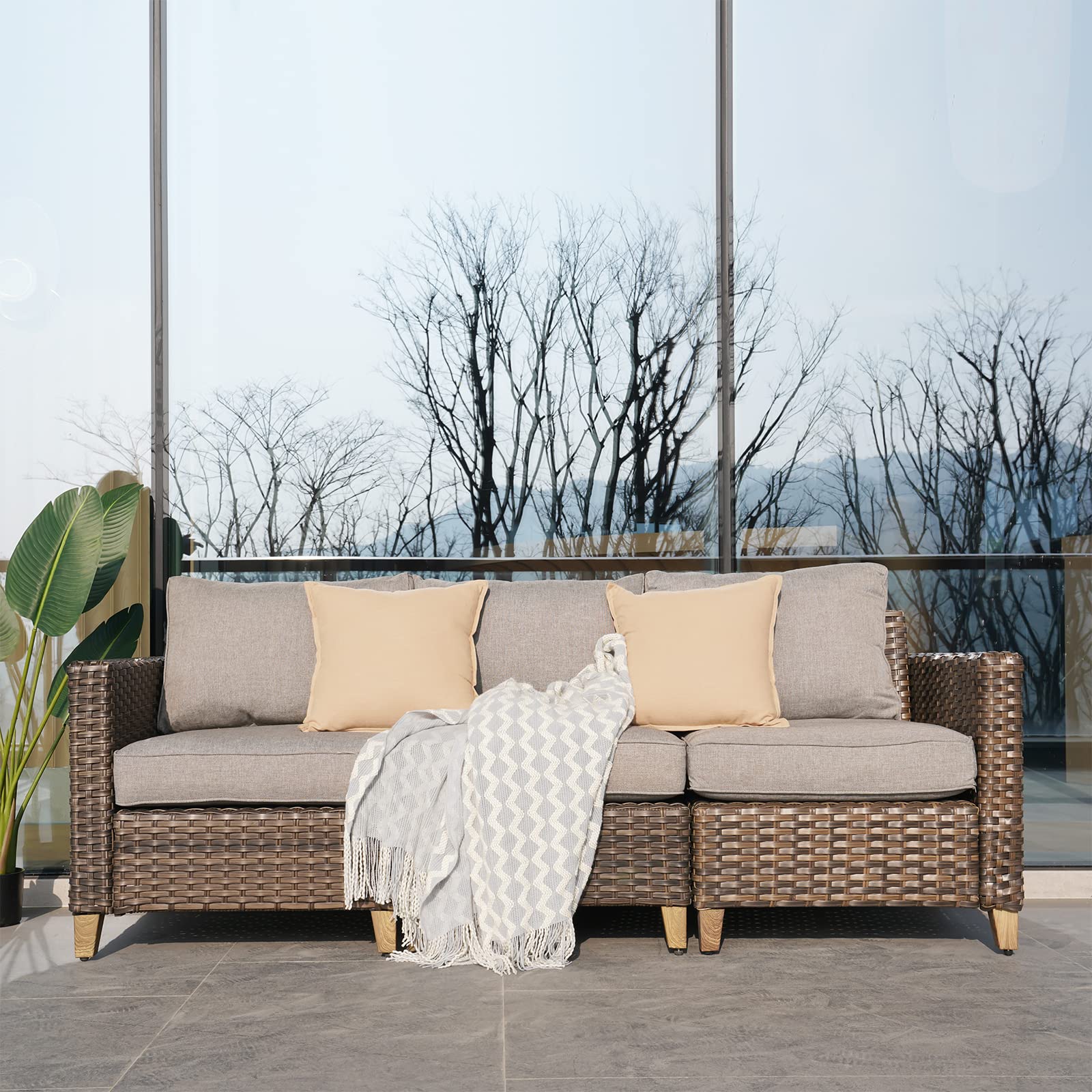 Premium All-Weather Outdoor Rattan Sofa Set with Cushions - 3-Piece Brown Handwoven Patio Furniture for Garden, Backyard, Porch & Poolside - Perfect for Relaxing, Entertaining & Outdoor Lounging
