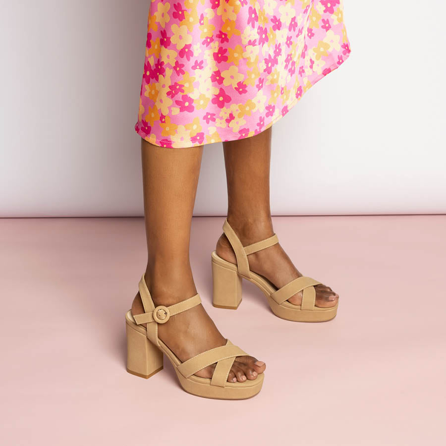 Heppell Women's Platform Heels - Beige Nubuck Leather High Heel Sandals for Women | Comfortable Dress Shoes for Weddings, Parties & Evening Events