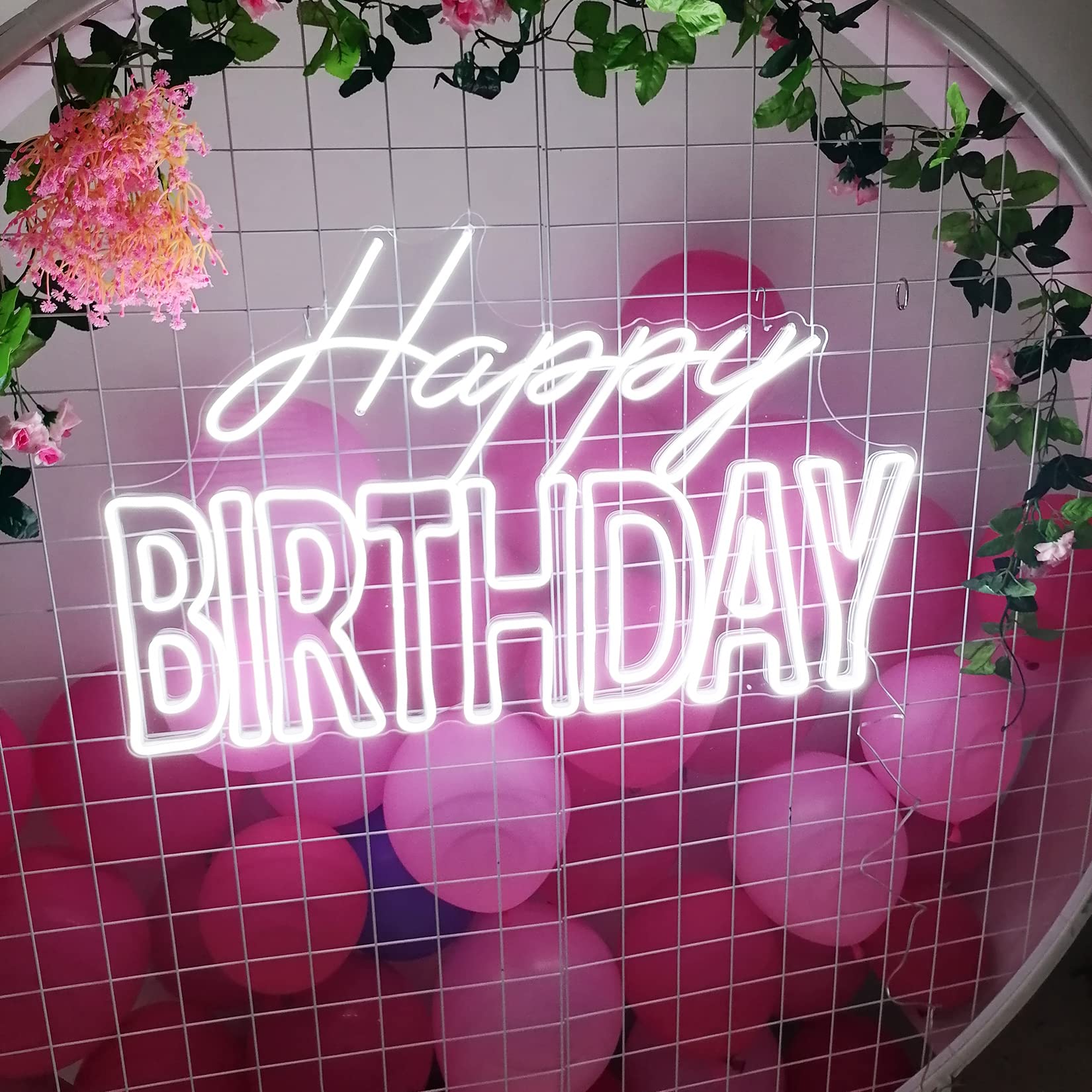 27.5 x 17 Inches Happy Birthday Neon Sign - Large Wall Decor with Dimmer Switch, 12V Reusable Party Lights for Birthday, Wedding, Anniversary & Home Decor - Perfect for Indoor & Outdoor Celebrations (27.56 x 17.32in, White)