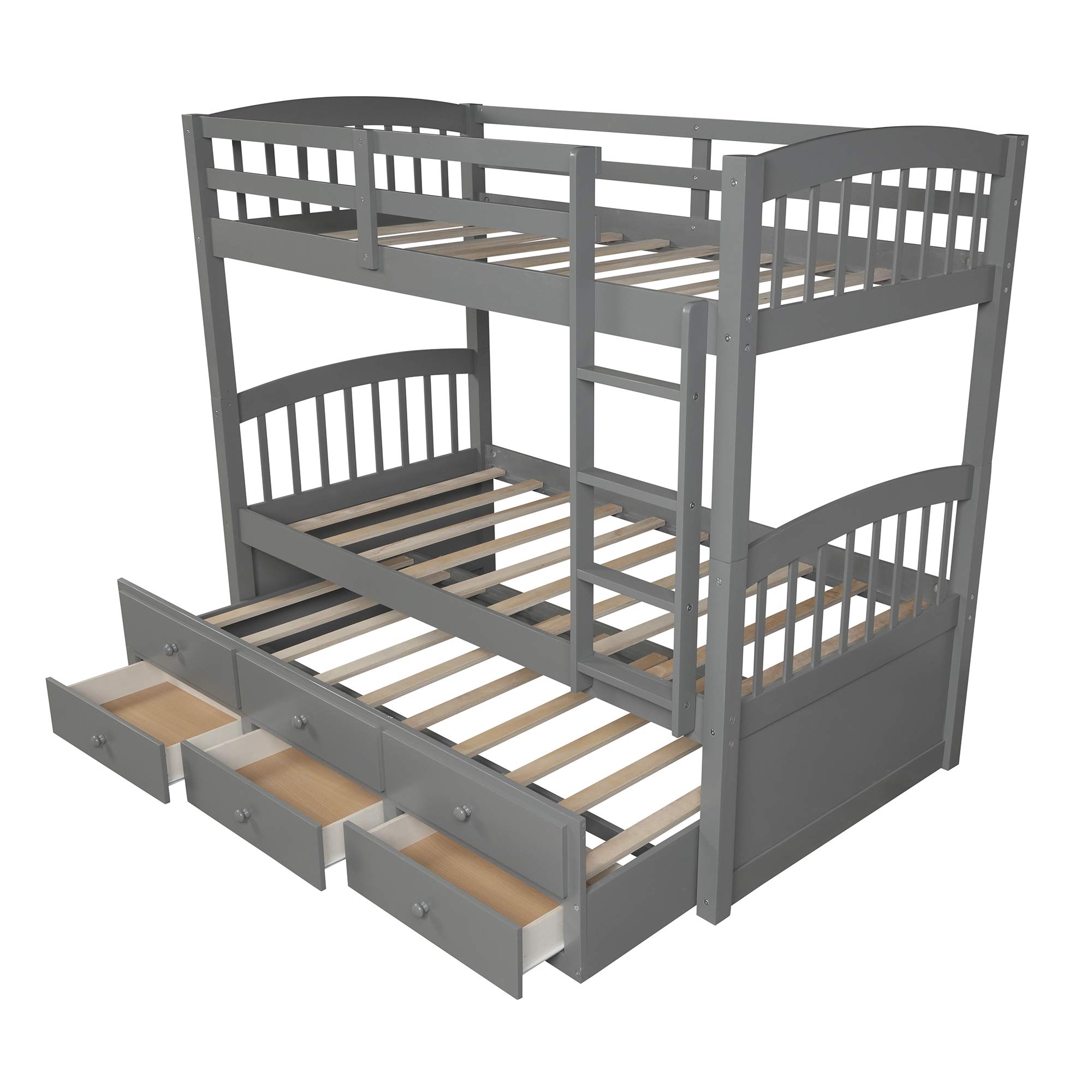 Twin Over Twin Bunk Bed with Trundle - Solid Wood Bed Frame with Ladder & Safety Rail - 3 Storage Drawers - Space Saving Kids & Teens Bedroom Furniture (Grey) - Perfect for Small Rooms, Guest Rooms & Vacation Homes