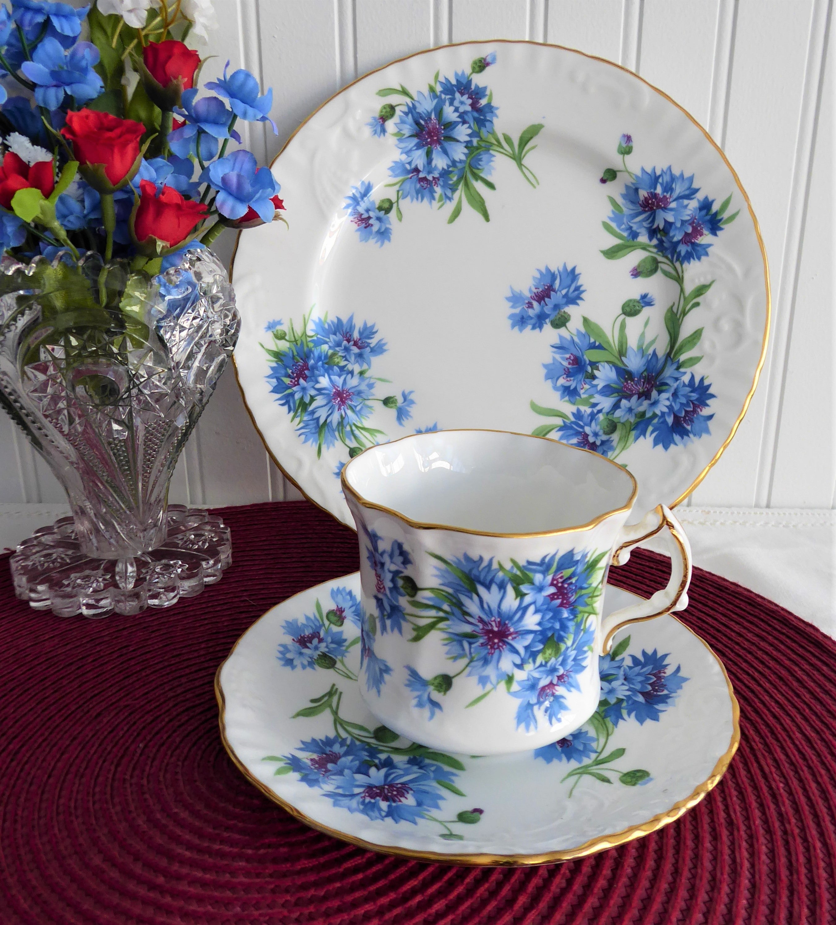 Vintage Hammersley England Blue Cornflowers Teacup Trio - Gold Trim Bone China Set (1970s Bachelors Buttons) - Perfect for Afternoon Tea, Collecting & Vintage Home Decor