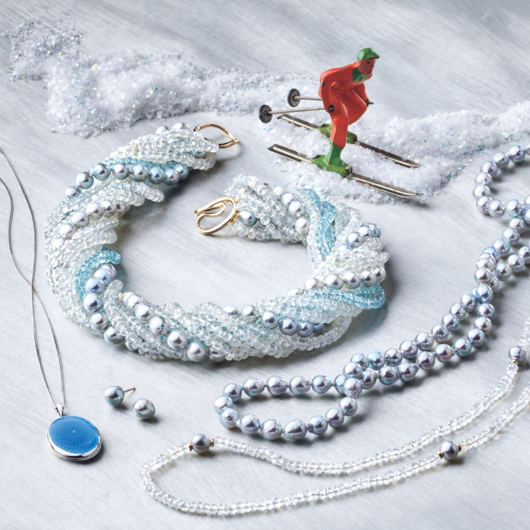 Blue Akoya Pearl, Moonstone & Aquamarine Twist Necklace - Elegant Handmade Jewelry for Women | Perfect for Weddings, Parties & Special Occasions