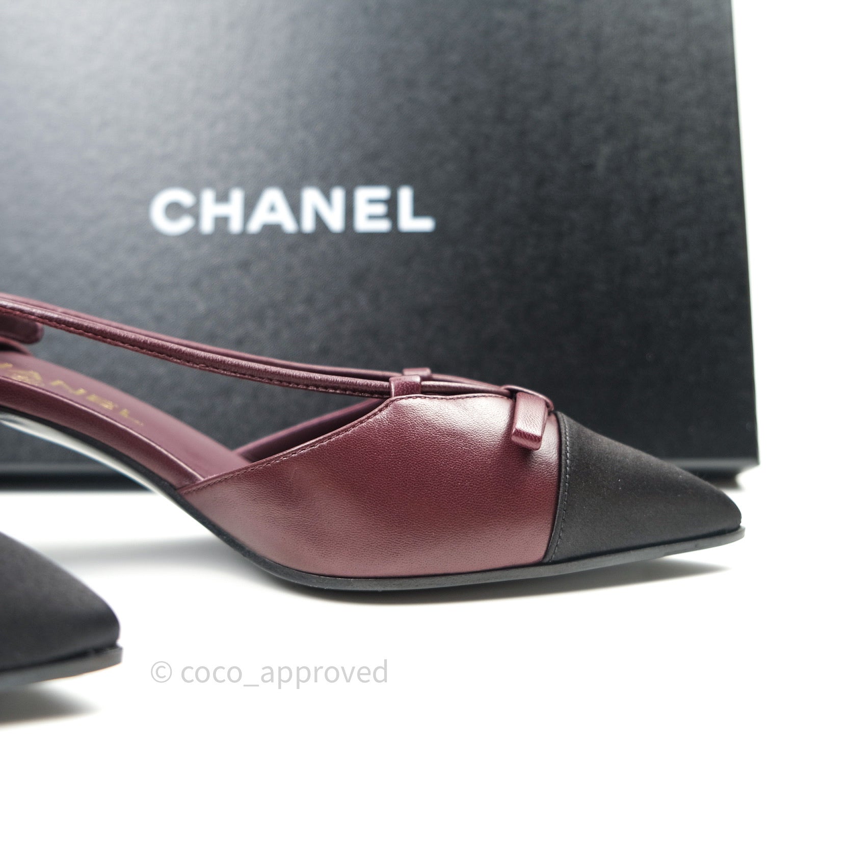 Chanel Burgundy Bow Satin Toe Cap Slingback Classic Pumps - Women's Luxury High Heels for Parties, Weddings & Special Occasions