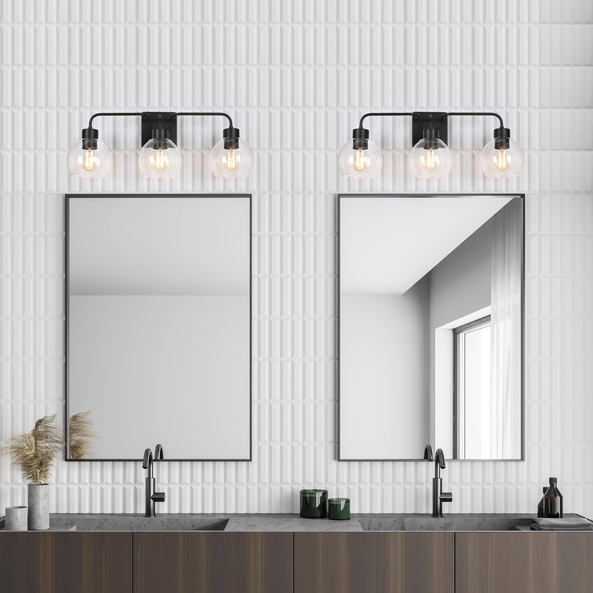 ZEVNI Black Vanity Light - 3-Light Mid Century Modern Bathroom Fixture with Clear Globe Glass Shade (24.5