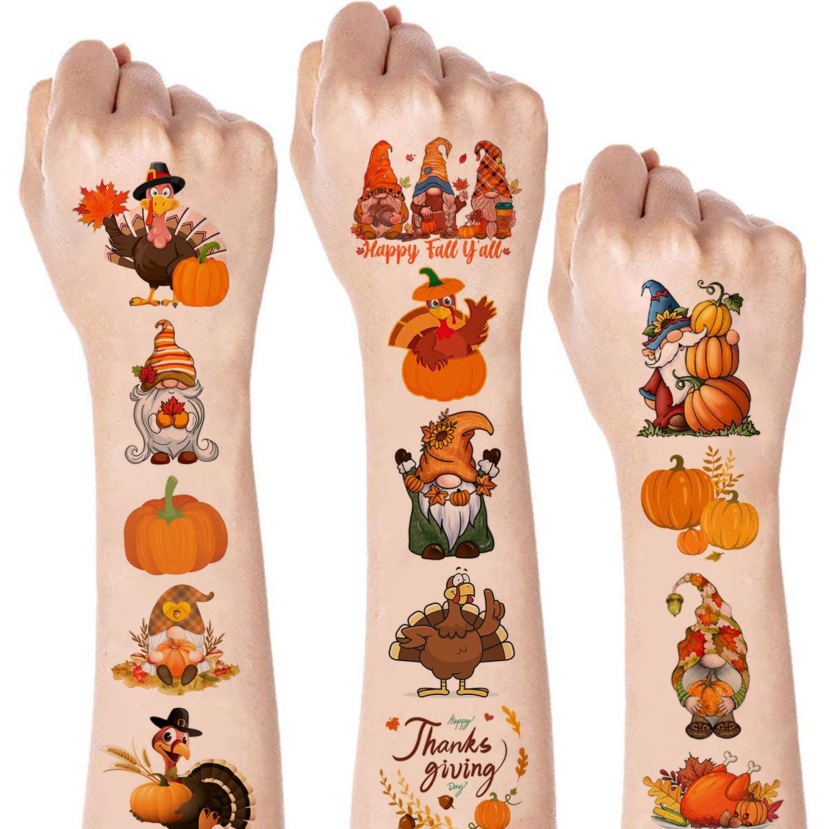 12 Sheets Thanksgiving Temporary Tattoos for Kids & Adults - Fall Party Supplies with Maple Leaf, Gnomes, Pumpkin & Turkey Designs - Perfect for Thanksgiving Decorations, Autumn Festivals & Seasonal Celebrations