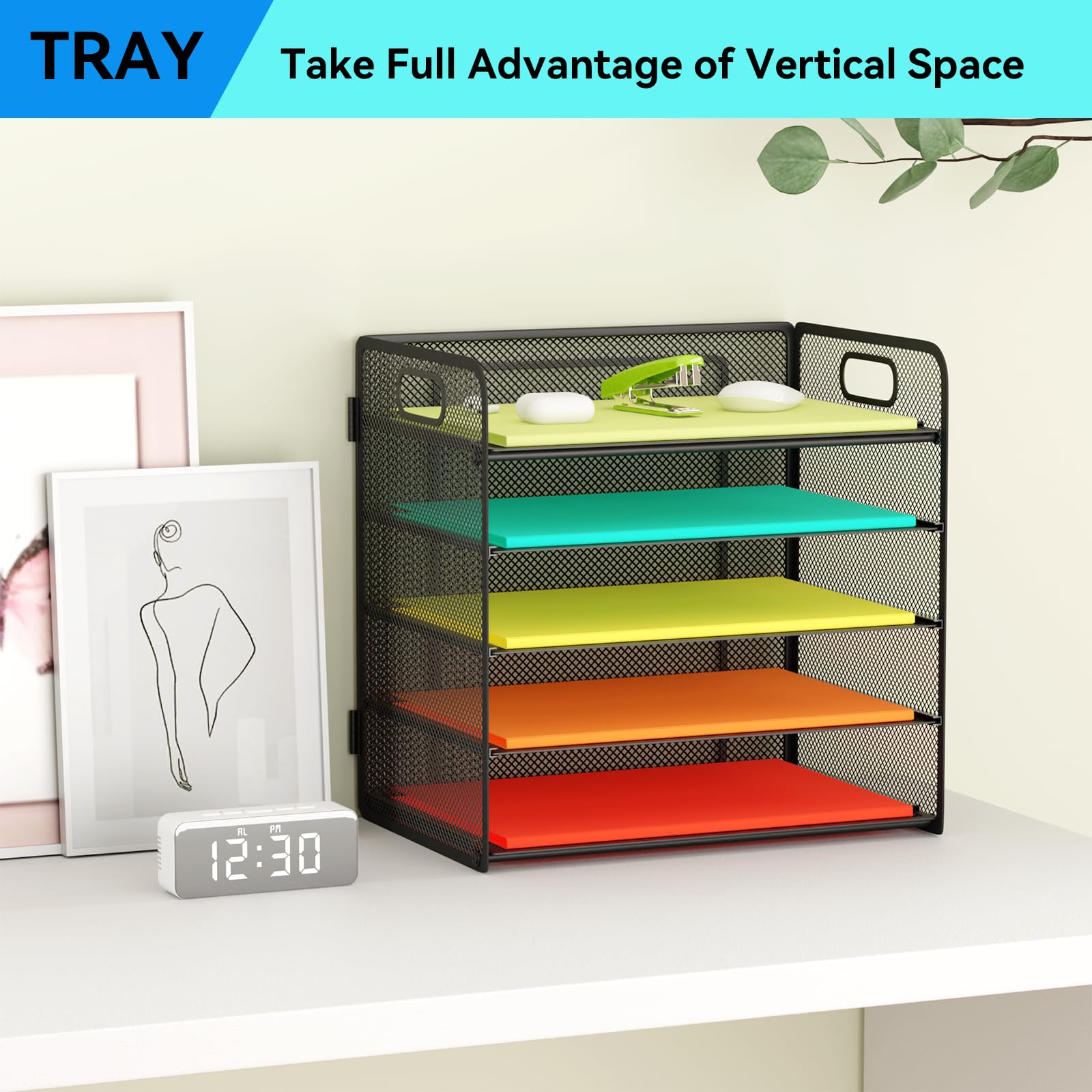5-Tier Metal Mesh Letter Tray Organizer with Handle - Desktop File Sorter for Letter/A4 Paper Storage - Office Desk Organizer for Documents, Mail & Office Supplies (Black) - Perfect for Home Office, School & Workspace Organization