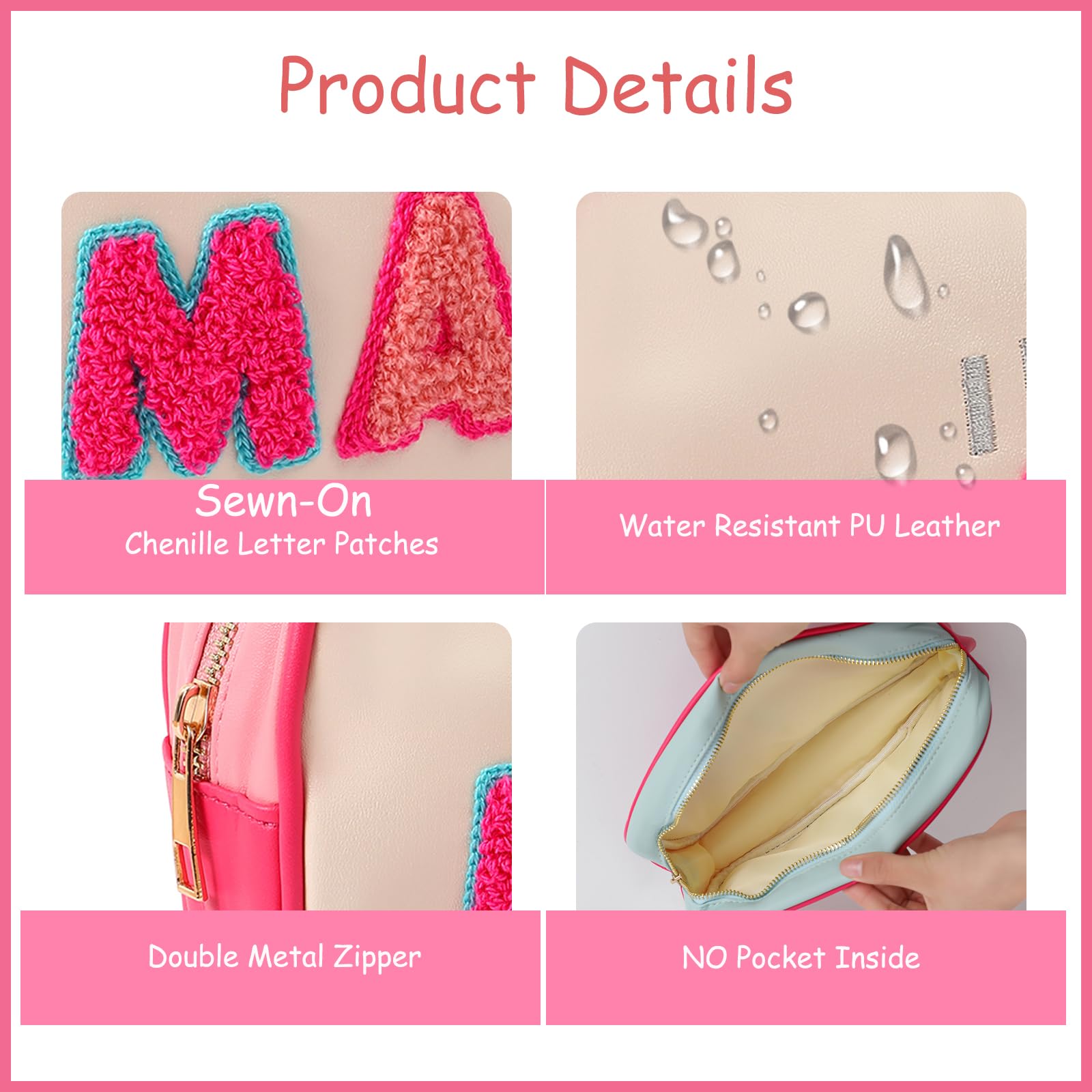 Cute PU Leather Letter Makeup Bag - Waterproof Cosmetic Organizer for Women & Girls | Travel & Daily Use
