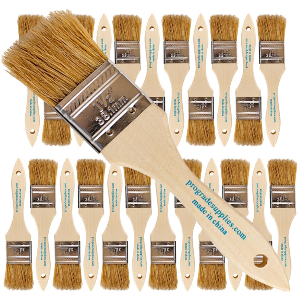Professional Grade 1.5 Inch Chip Paint Brushes - Pack of 24 Light Brown Natural Bristle Brushes for Wood Staining, Furniture Painting, and DIY Home Improvement Projects