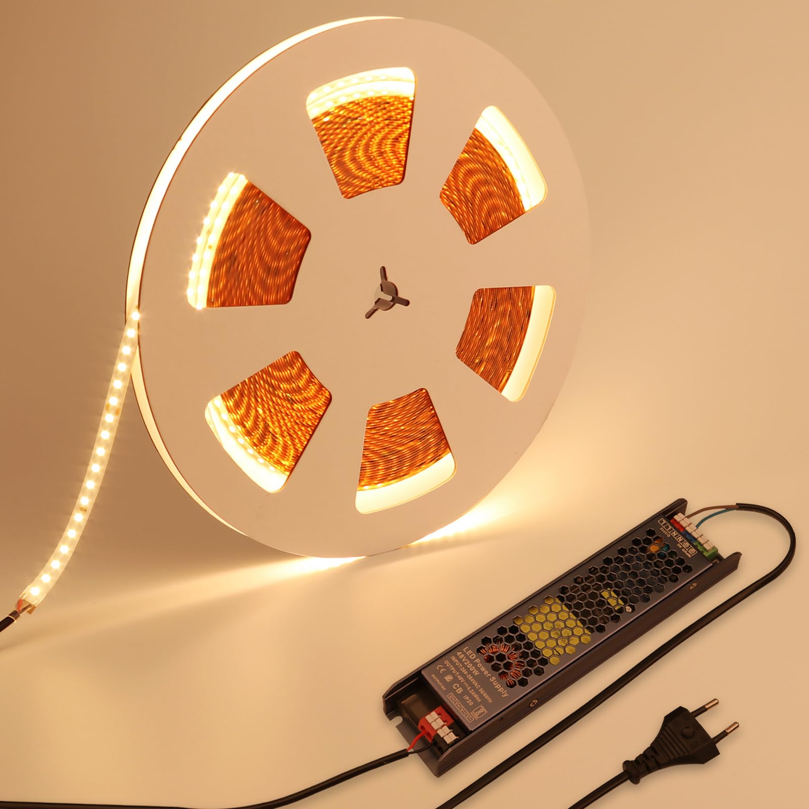 BENLUN 48V 20m LED Strip Lights, 3000K Warm White High Brightness 150W Waterproof Adhesive Tape Light for Bedroom, Kitchen, Living Room - Includes Power Supply & EU Plug (CE Certified) - Perfect for Home Decoration, Accent Lighting, and DIY Projects