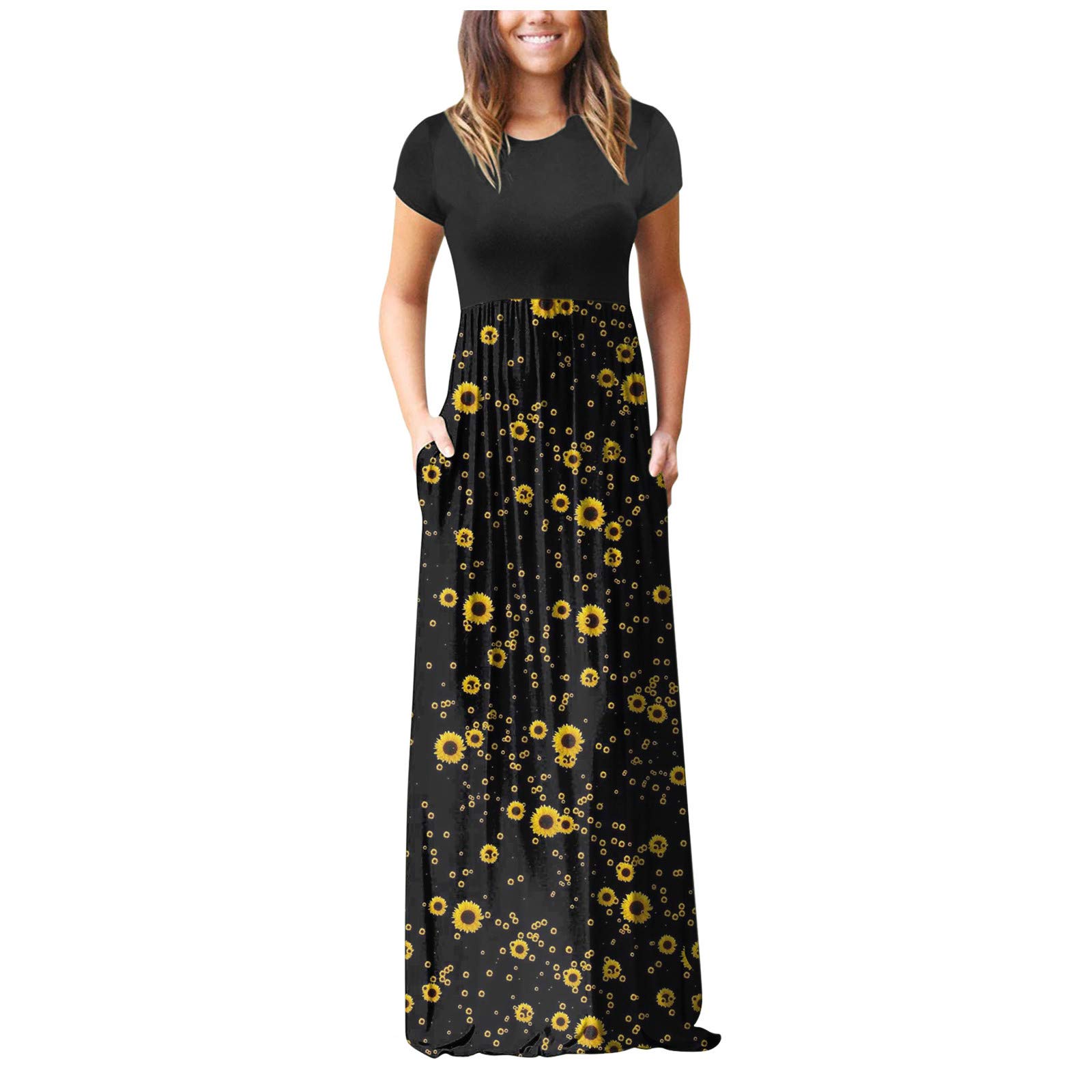 Women's Floral Print Patchwork Maxi Dress - High Waisted, Short Sleeve Long Party Dress for Summer, Beach, Wedding & Special Occasions