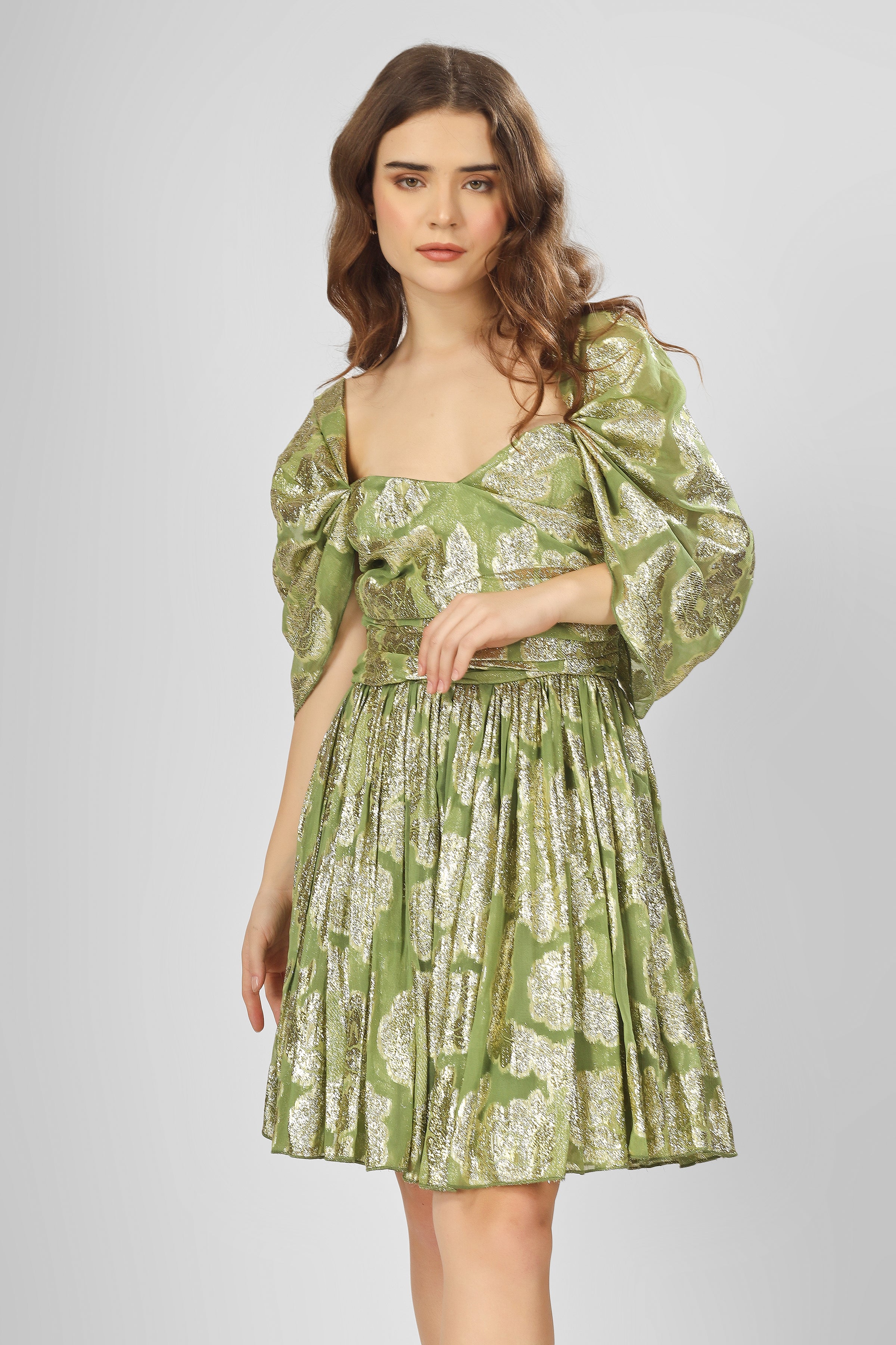 Sydney Metallic Printed Mini Dress in Olive Green - Women's Fashion Party Cocktail Dress for Night Out, Date Night, and Special Occasions