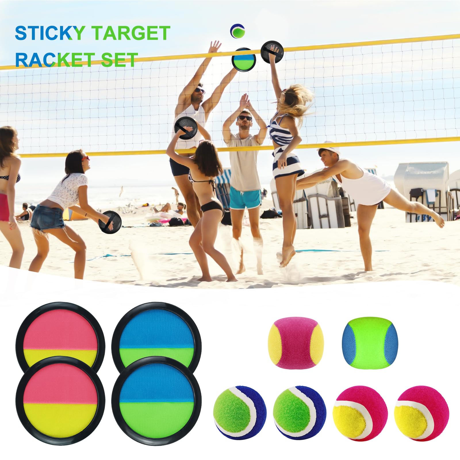 9-Piece Velcro Ball Set with 4 Paddle Rackets & 5 Velcro Balls - Fun Outdoor Game for Kids, Parties, Backyards, Parks, and Family Gatherings