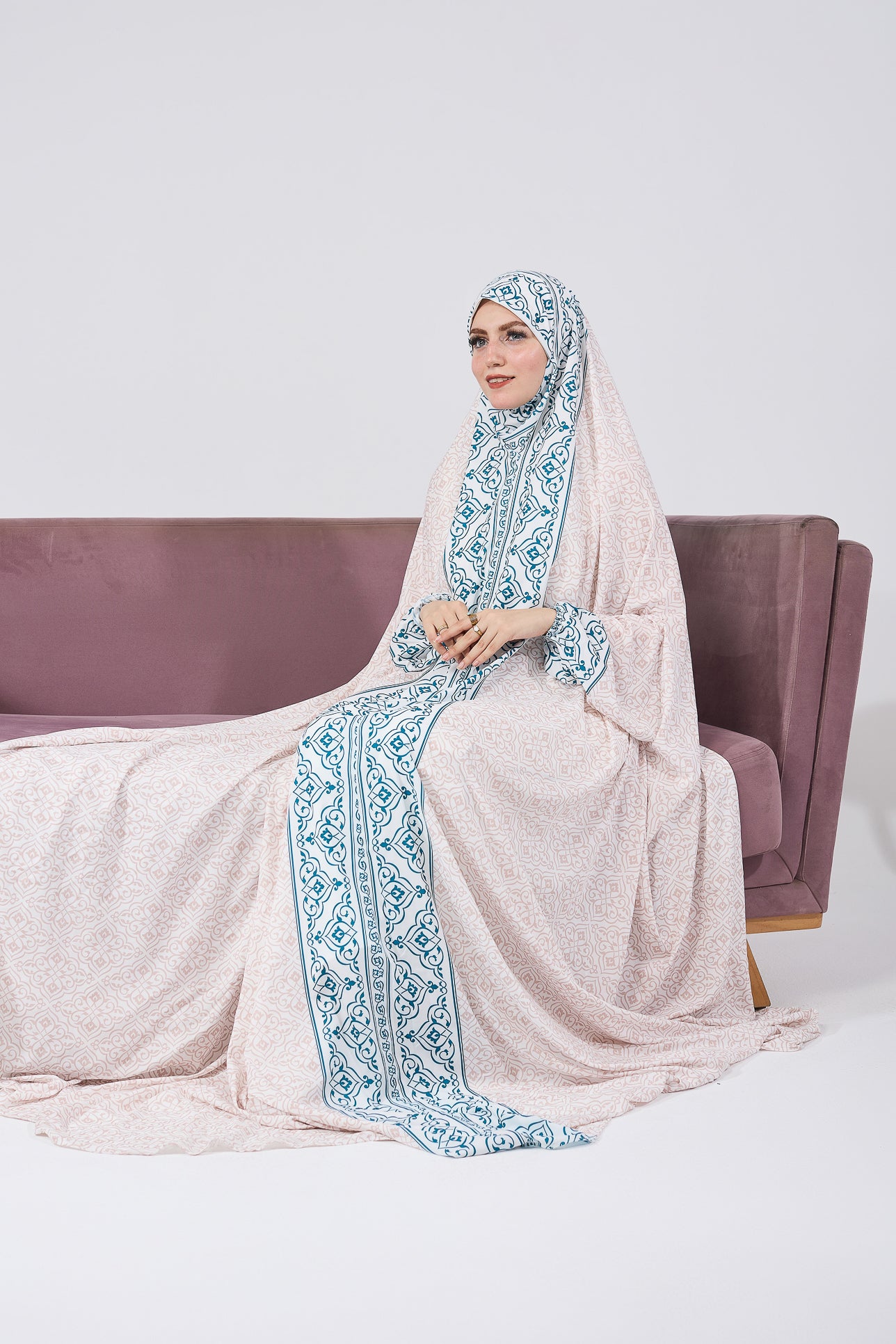 Elegant Nahlah Satin Prayer Gown with Blue Moroccan Print & Elastic Cuffs - Perfect for Muslim Women's Home Worship & Special Occasions