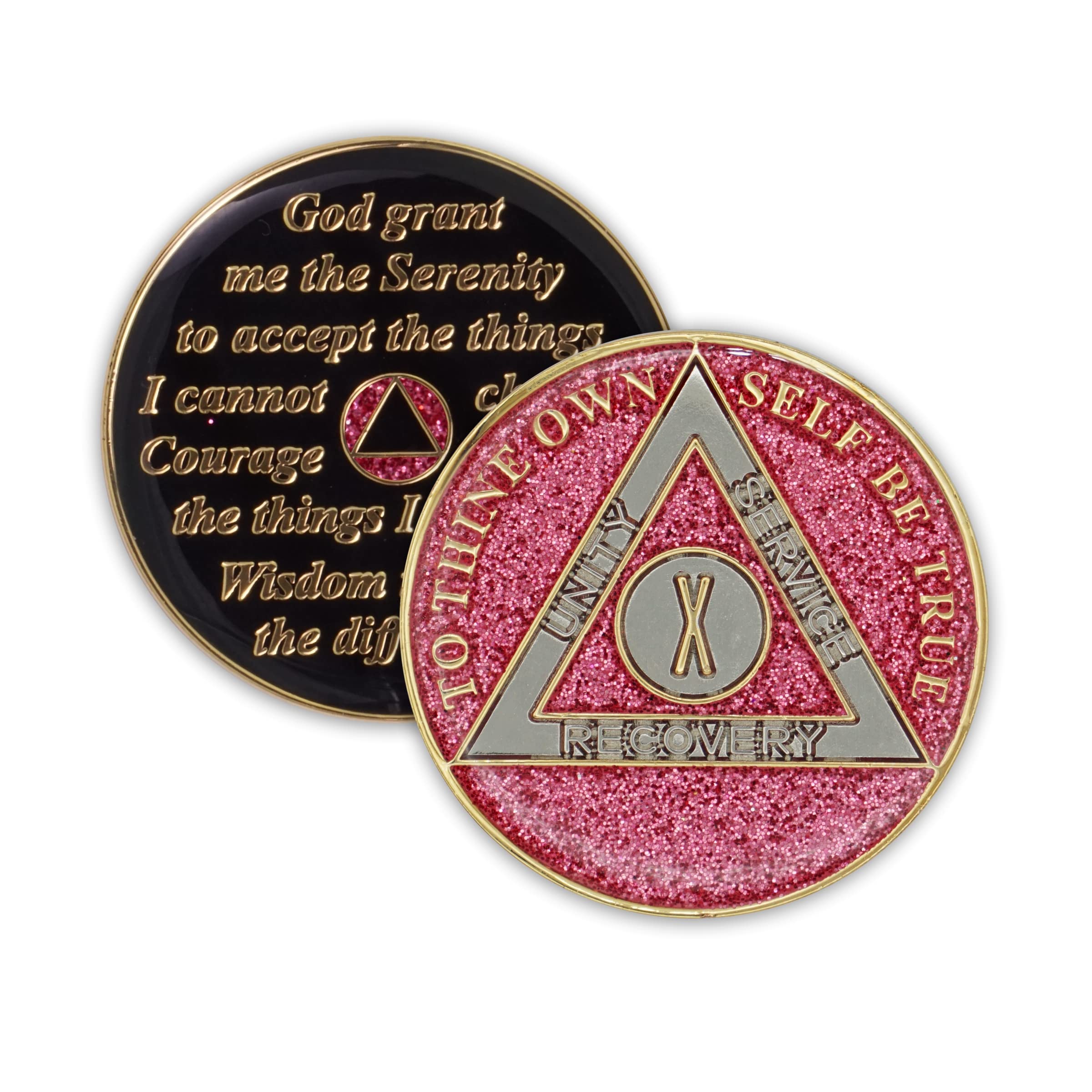 10 Year Sobriety Coin - Glitter Triplate AA Chip Recovery Anniversary Token (Pink) | Motivational Gift for Alcoholics Anonymous, Celebrate Sobriety Milestones & 12 Step Programs