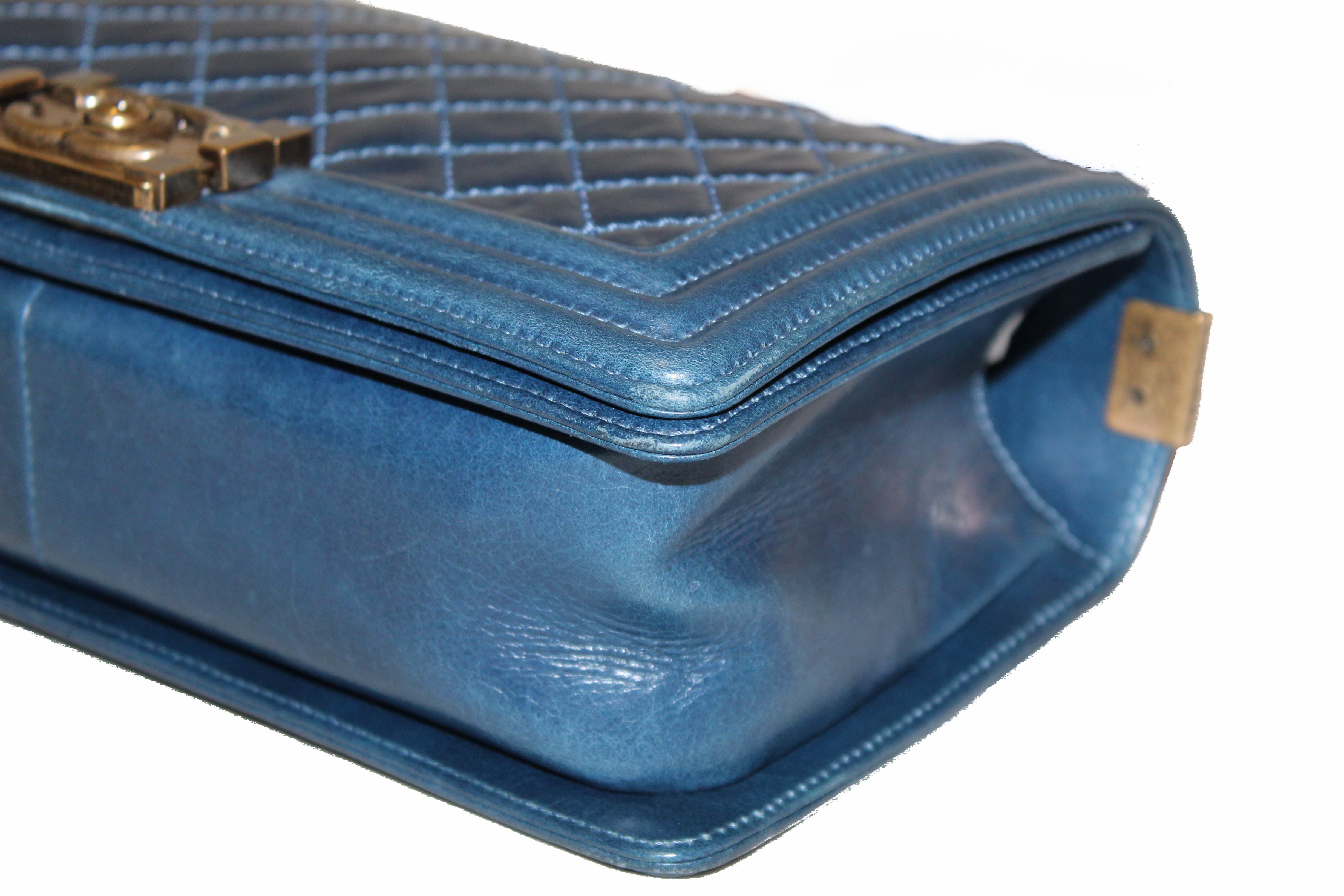 Authentic Chanel Blue Quilted Aged Calfskin Old Medium Boy Shoulder Bag - Luxury Designer Handbag for Women, Perfect for Date Night & Special Occasions