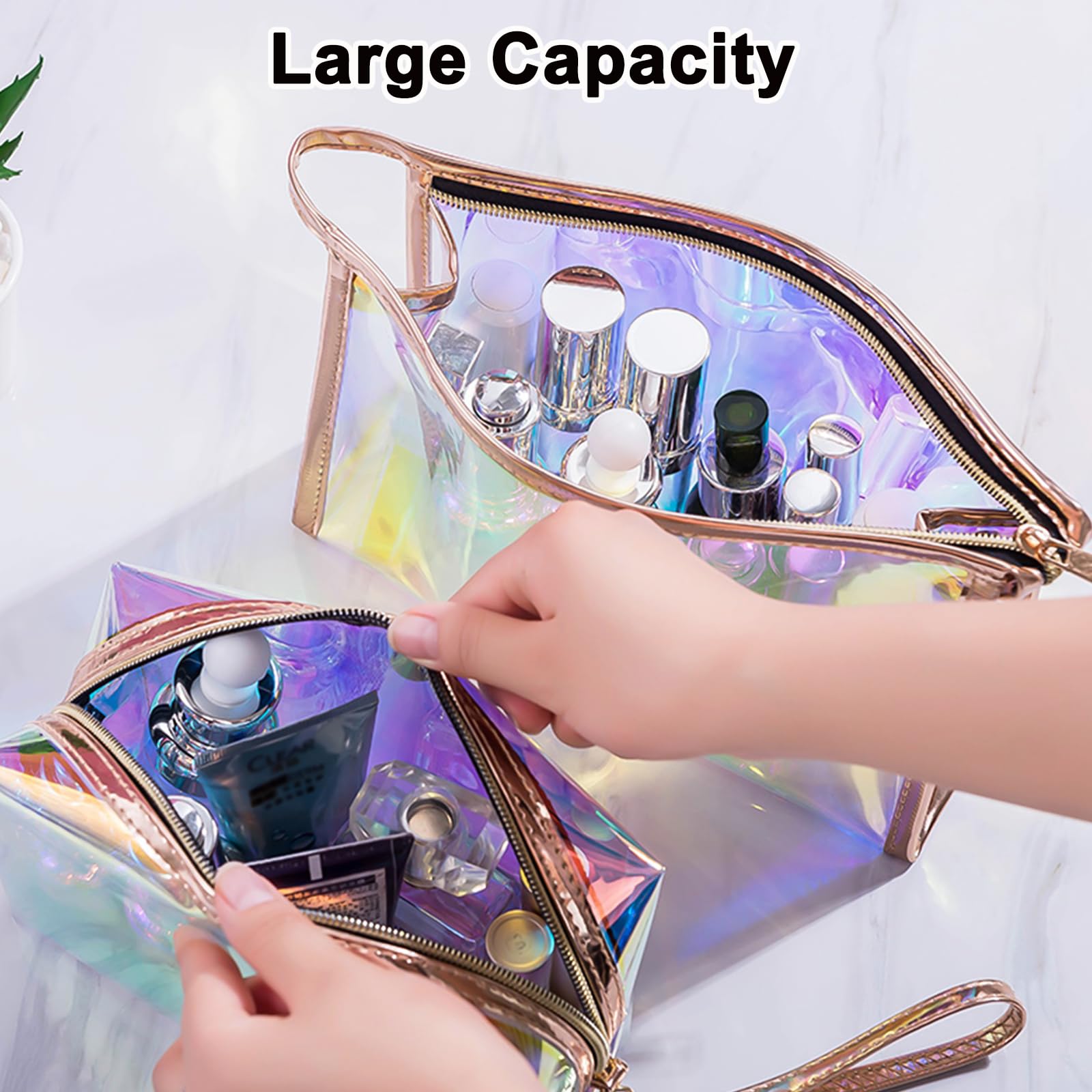6 Pcs Holographic Makeup Bags Set - Clear Iridescent Cosmetic Organizer, Waterproof Travel Toiletry Bag with Zipper, Portable Cosmetic Pouch for Women | Perfect for Travel, Gym, Daily Use & Mothers Day Gifts