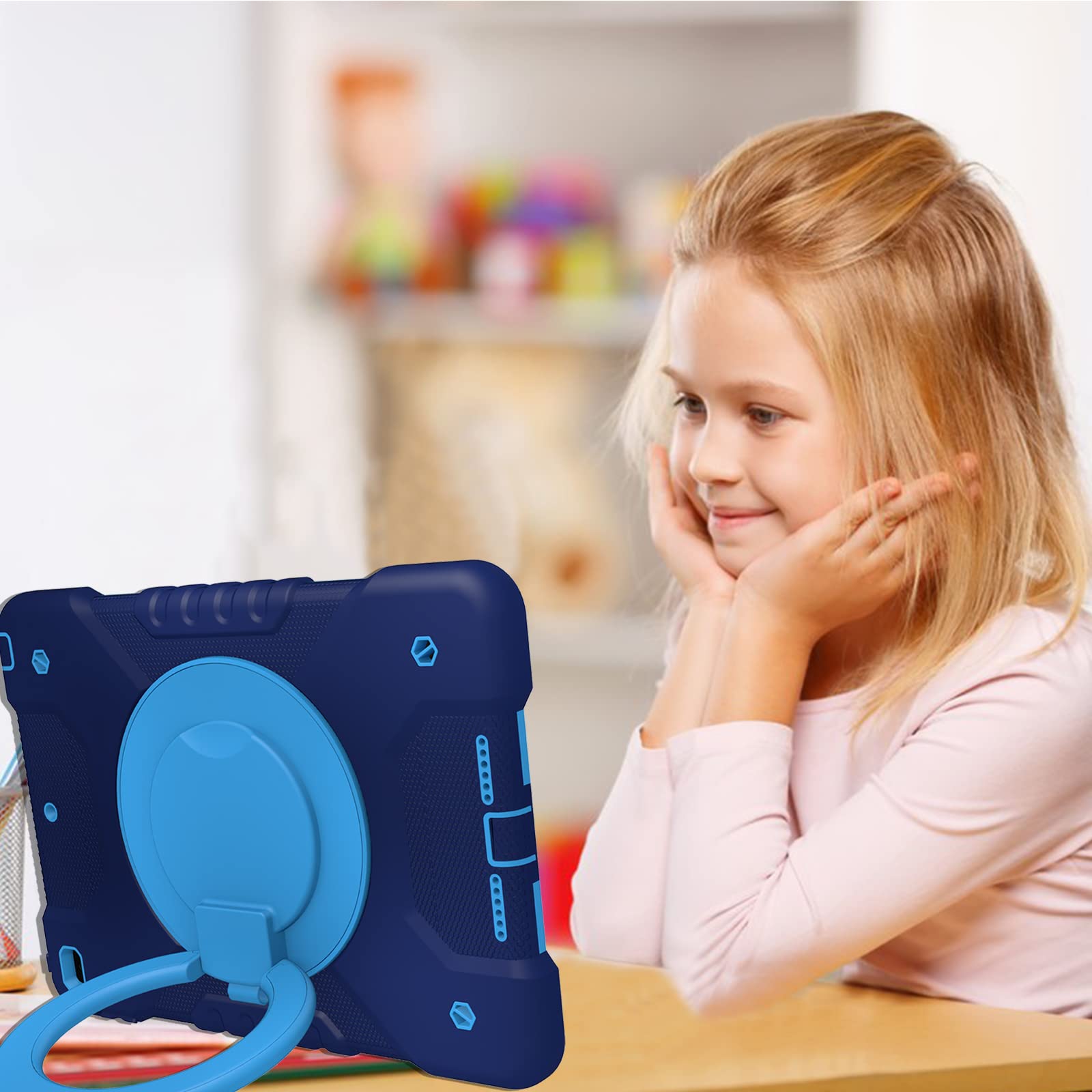 Andnary Heavy Duty Shockproof 360° Rotating Protective Case for iPad 10.2 inch (9th/8th/7th Generation 2021/2020/2019) - Built-in Handle, Stand, Pencil Holder & Adjustable Shoulder Strap - Navy Blue - Perfect for School, Travel & Outdoor Use
