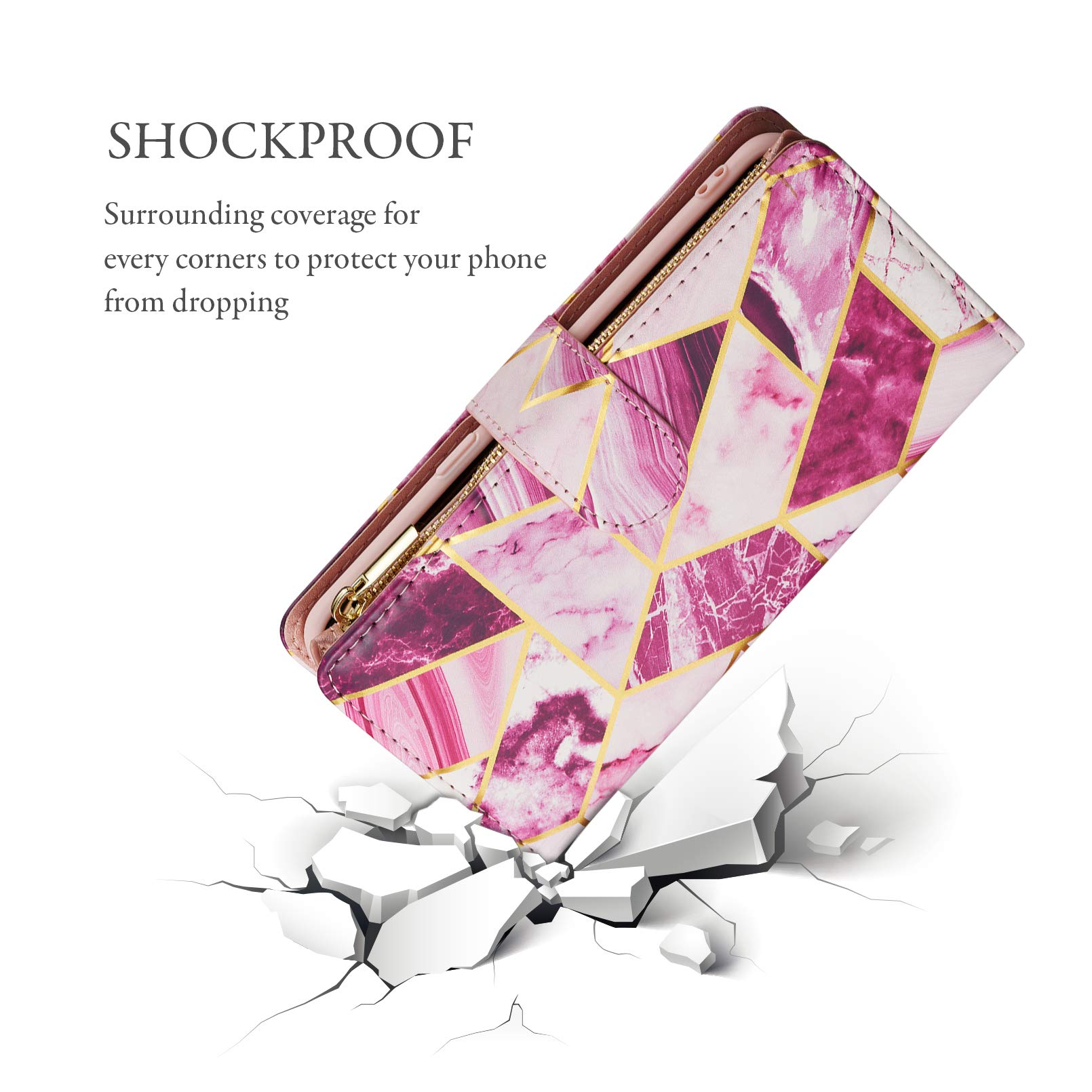 Premium PU Leather Wallet Case for Samsung Galaxy S8 - Geometric Zipper Design with Card Slots, Kickstand & Wrist Strap | Magnetic Closure | Marble Purple | Perfect for Work, Travel & Everyday Use