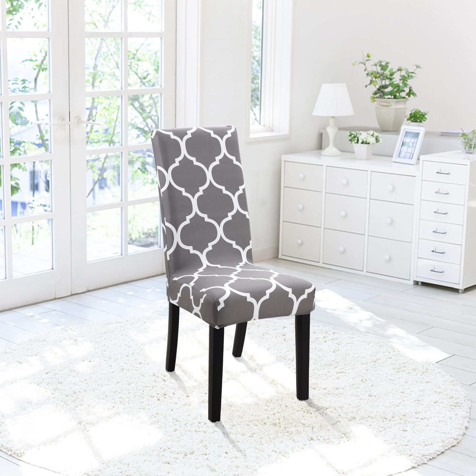 Stretch Spandex Dining Chair Covers - Washable & Removable Parson Chair Slipcovers for Kitchen, Dining Room & Office - Set of 4 (Gray/White) - Perfect for Home Decor, Party & Event Protection