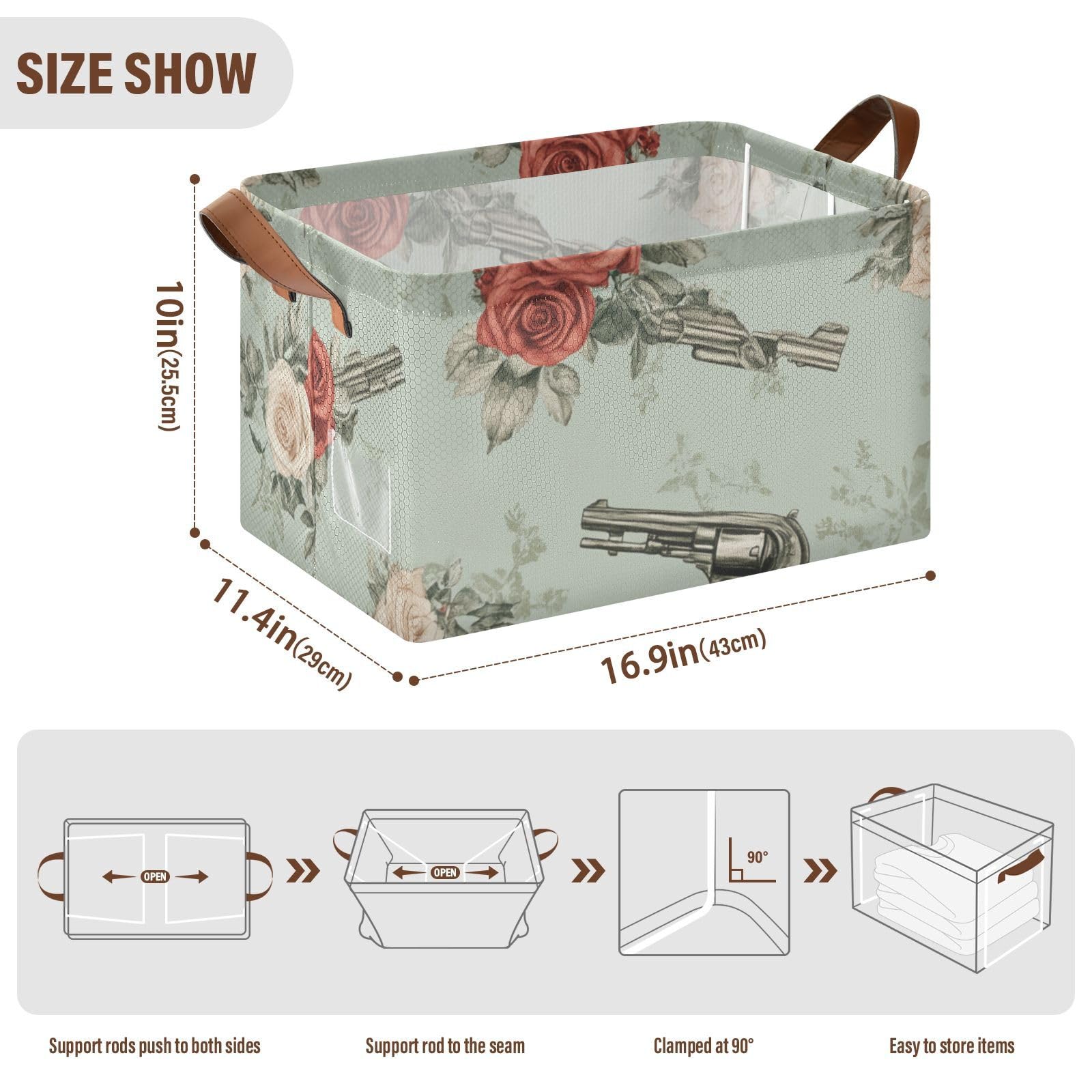Gothic Rose Metal Fabric Storage Baskets with Handles - 2 Pack Organizer Bins for Closet, Shelf, Cabinet & Bookcase - Perfect for Home, Office & Laundry Room Organization
