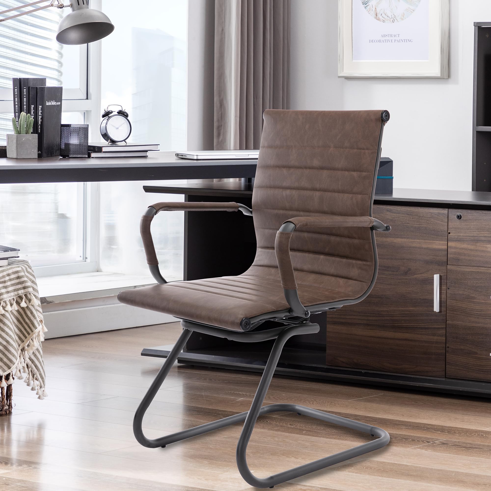 Modern Retro Brown Office Chairs Set of 4 - Heavy Duty 400 lbs Capacity Sled Base Conference Room Chairs - No Wheels Waiting Room Seating for Office, Home, and Business Use