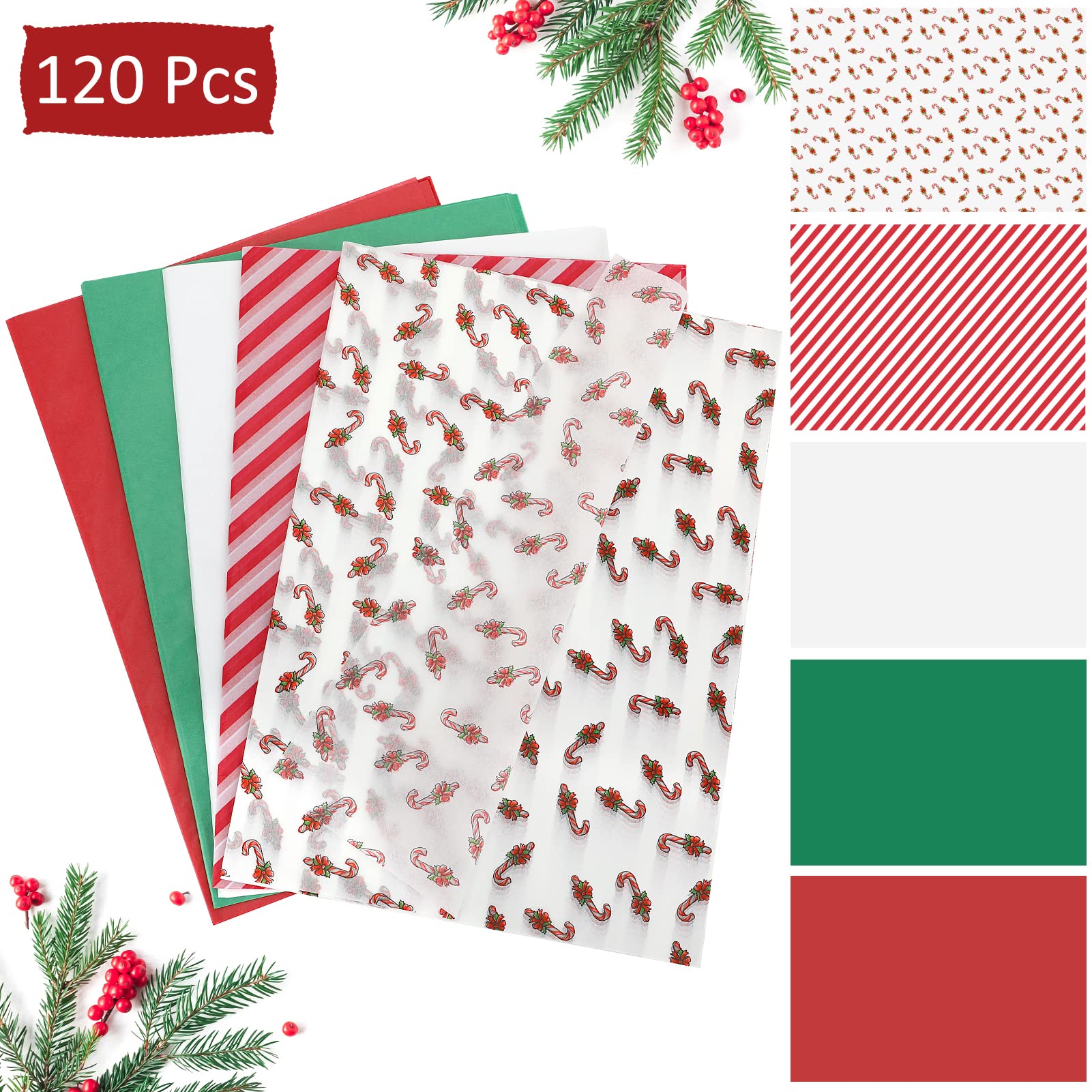 Bulk Christmas Tissue Paper - 120 Sheets Assorted Holiday Gift Wrapping Paper for Xmas Crafts, Red Green White Designs (Christmas Candy Canes) - Perfect for Gift Bags, Party Decorations & DIY Holiday Projects