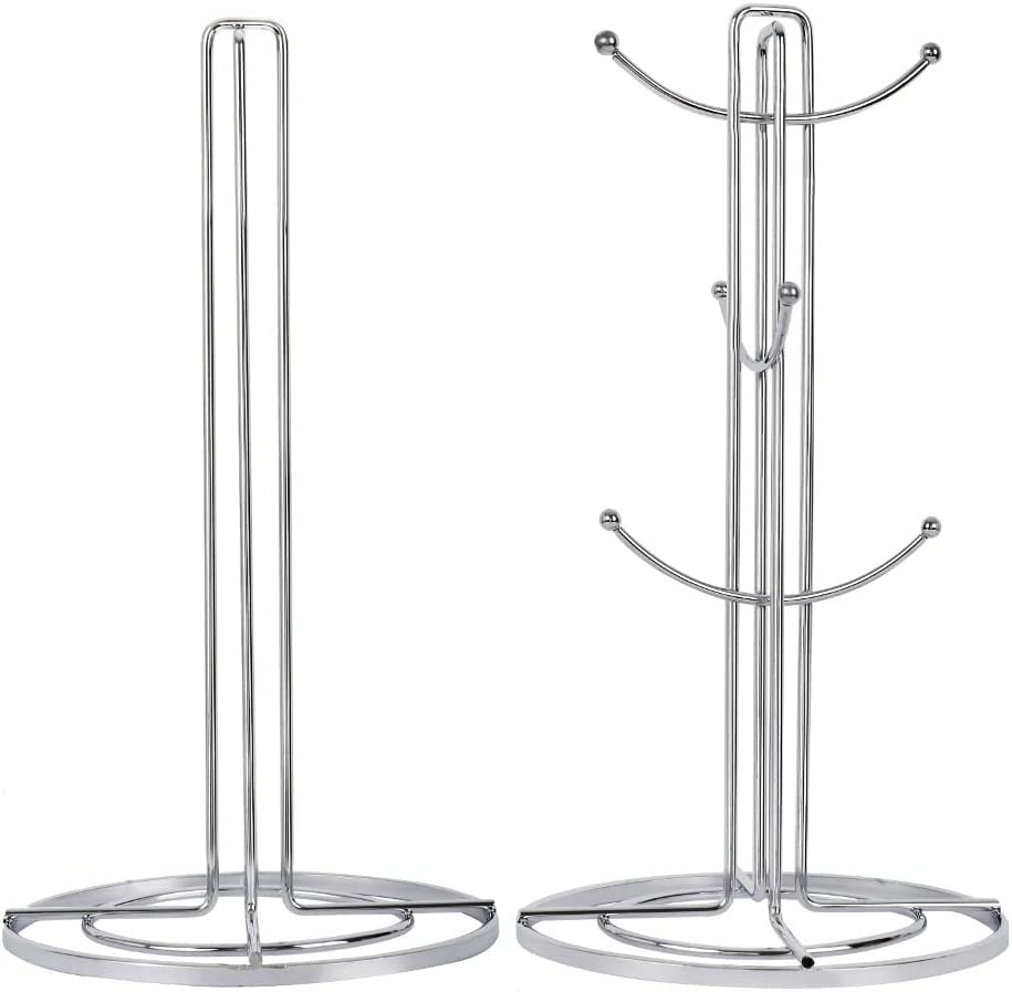 Premium Stainless Steel Cup Mug Tree Stand & Paper Towel Holder Set of 6 - Space-Saving Kitchen Storage Rack for Coffee & Tea Cups - Ideal for Small Kitchens, Office Break Rooms & Dorm Organization (Silver)
