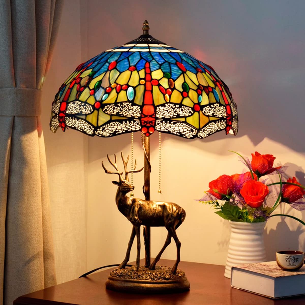 Tiffany Style Dragonfly Table Lamp - Handcrafted Stained Glass Shade with Elk Resin Base - Elegant Living Room Decor, Mediterranean Dining Table Lighting, Cozy Reading Desk Lamp for Home & Office Use