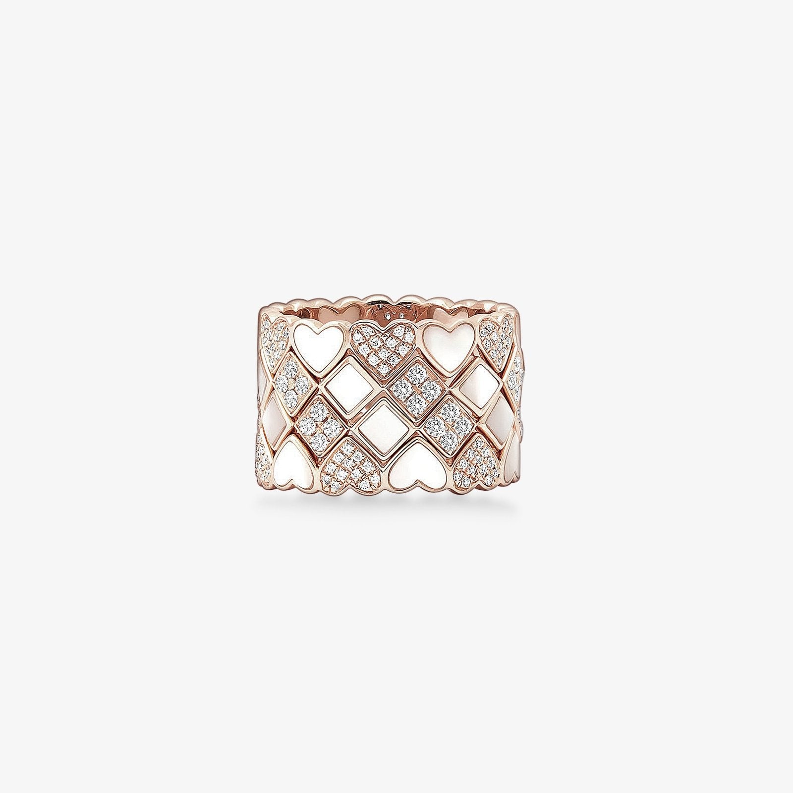 14k Rose Gold Diamond and Mother of Pearl Heart Eternity Band Ring - Romantic Wedding, Anniversary, or Valentine's Day Gift for Her