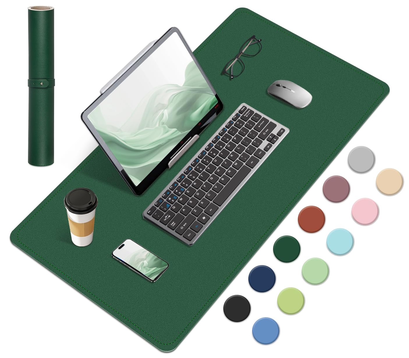 Premium Dual-Sided Desk Pad - Natural Cork & PU Leather Office Desk Mat - Non-Slip Mouse Pad for Home & Office Workspace - Dark Green 23.6