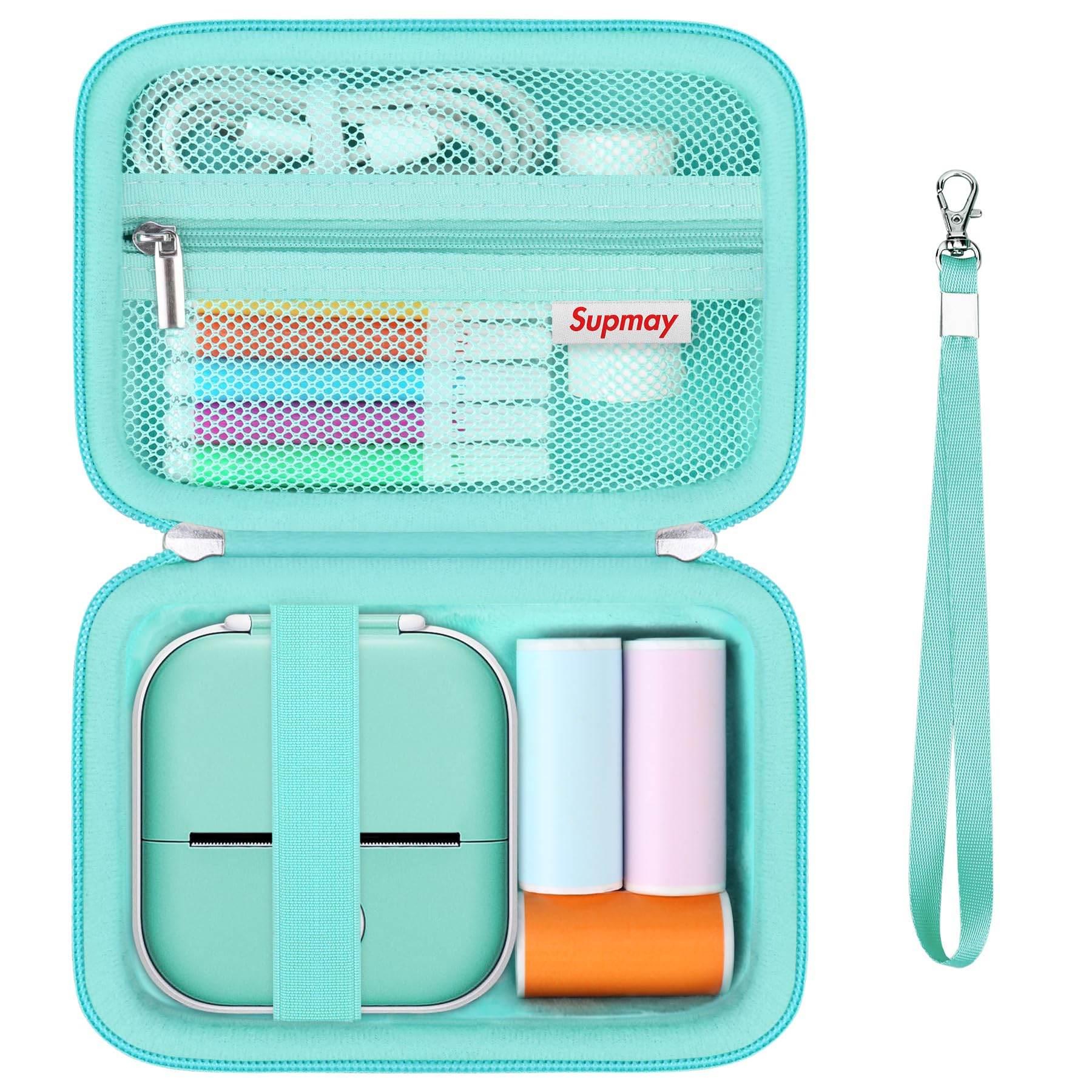 Supmay Hard Protective Case for Memoking T02 Mini Thermal Sticker Printer - Portable Storage Organizer with Mesh Pocket for Printer, Sticker Paper & USB Cable (Green) - Perfect for Home, Office & Crafting Use