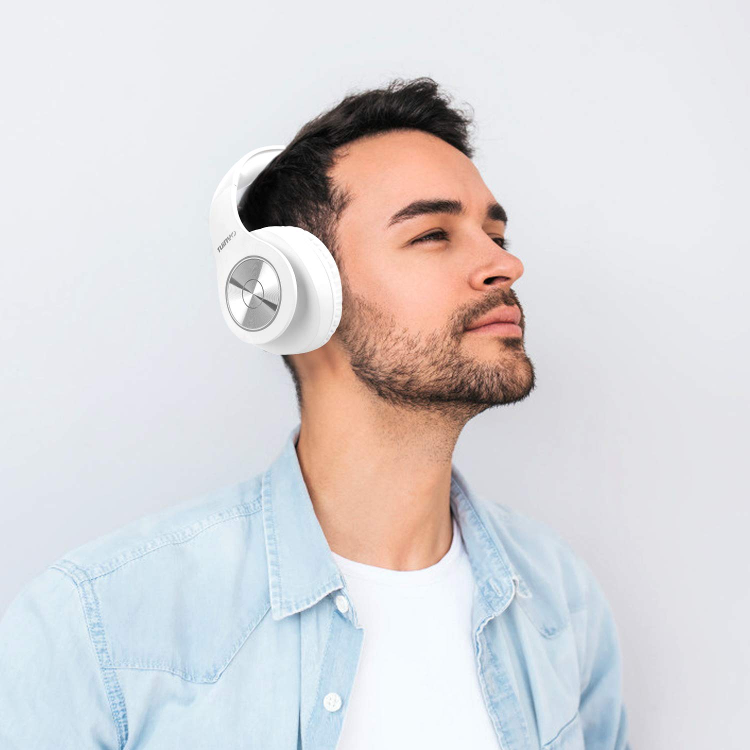 TUINYO Wireless Bluetooth Headphones Over Ear with Deep Bass, 40H Playtime, Soft Memory-Protein Earmuffs, Built-in Mic for PC/Phone/TV - White | Perfect for Workouts, Commuting & Home Entertainment